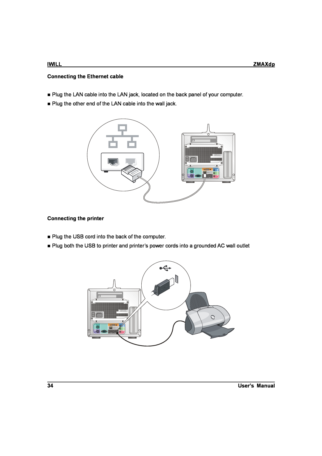 IBM ZMAXdp user manual Iwill, Connecting the Ethernet cable, Connecting the printer, User’s Manual 