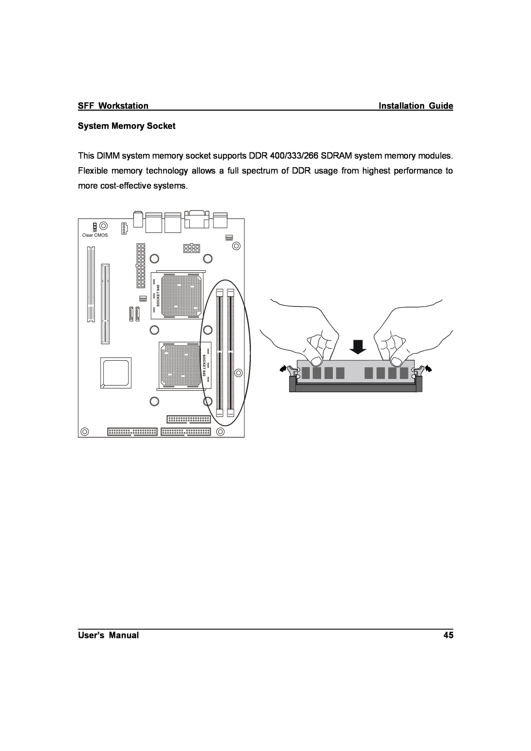 IBM ZMAXdp user manual SFF Workstation, System Memory Socket, User’s Manual, Installation Guide 