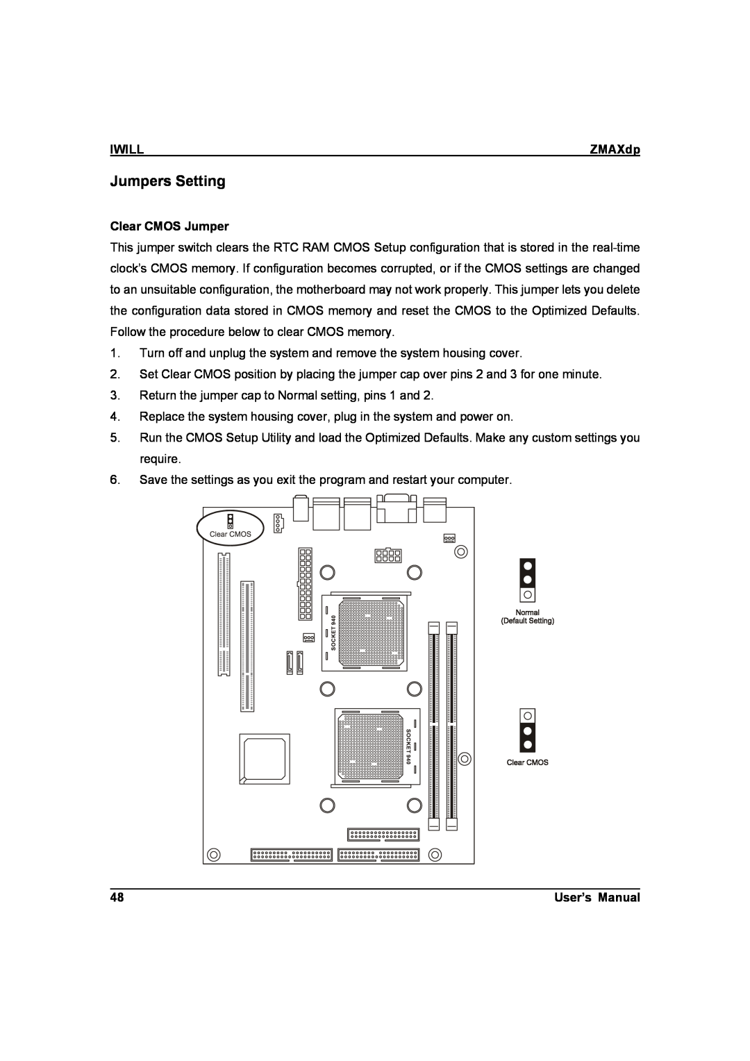 IBM ZMAXdp user manual Jumpers Setting, Iwill, Clear CMOS Jumper, User’s Manual 