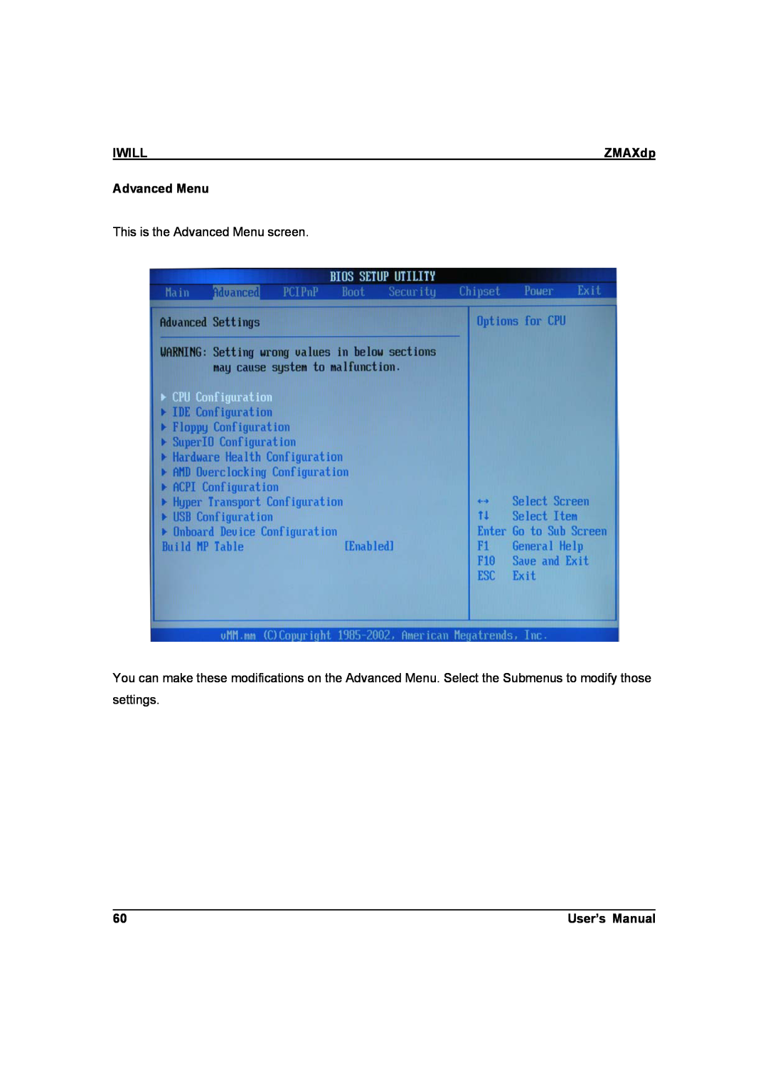 IBM ZMAXdp user manual Iwill, This is the Advanced Menu screen, User’s Manual 