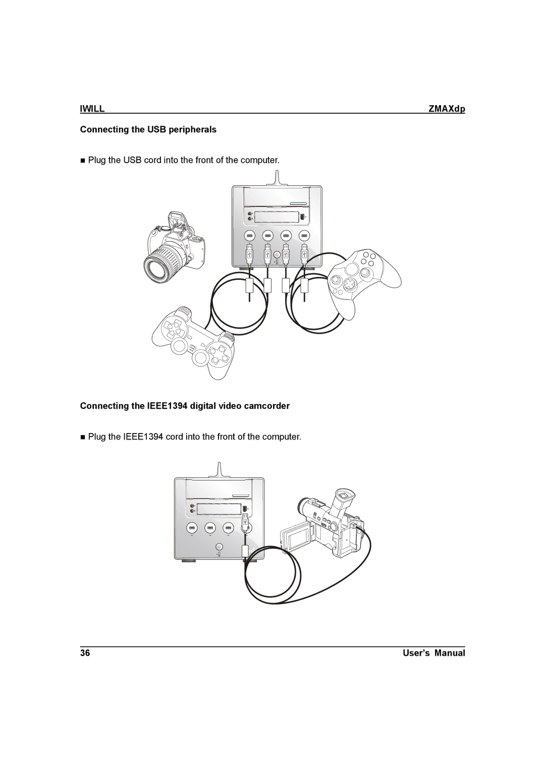 IBM ZMAXdp user manual Connecting the USB peripherals, Connecting the IEEE1394 digital video camcorder 