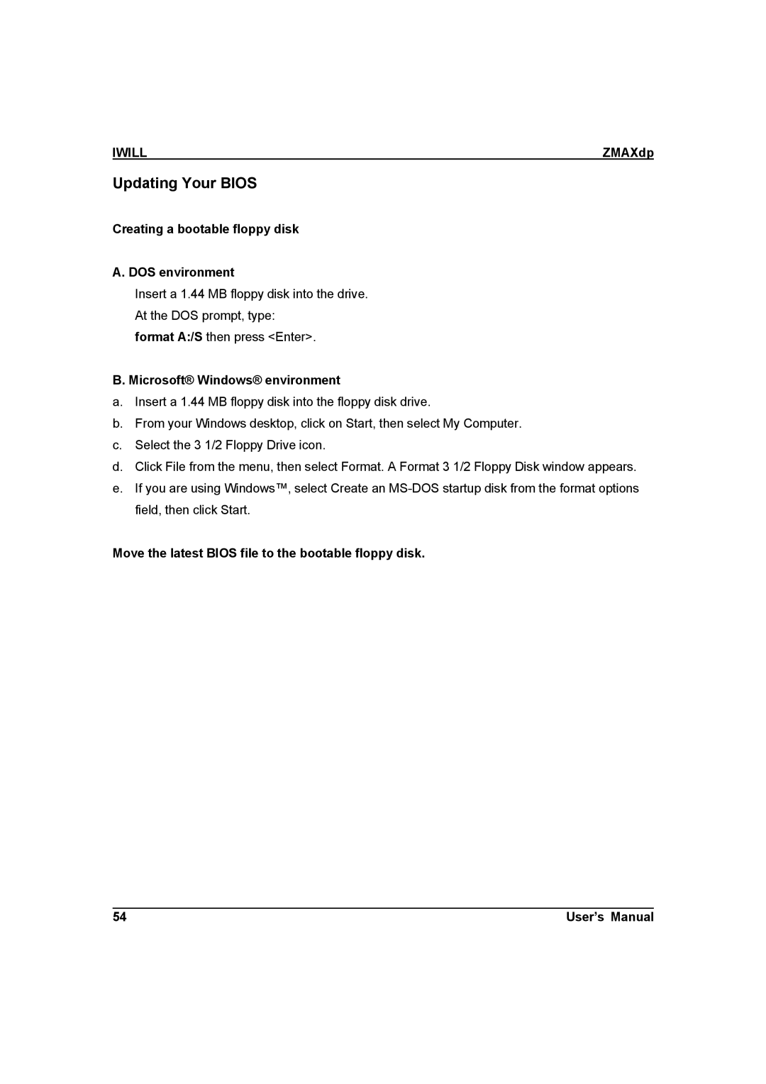 IBM ZMAXdp user manual Updating Your Bios, Creating a bootable floppy disk DOS environment, Microsoft Windows environment 