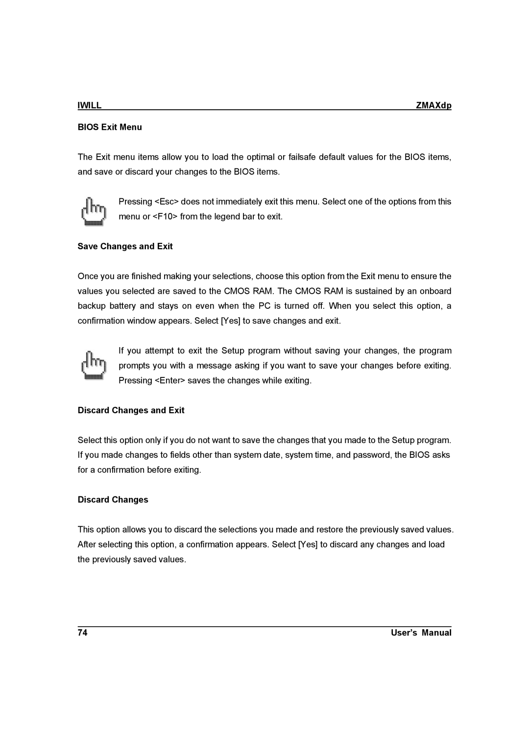 IBM ZMAXdp user manual Bios Exit Menu, Save Changes and Exit, Discard Changes and Exit 