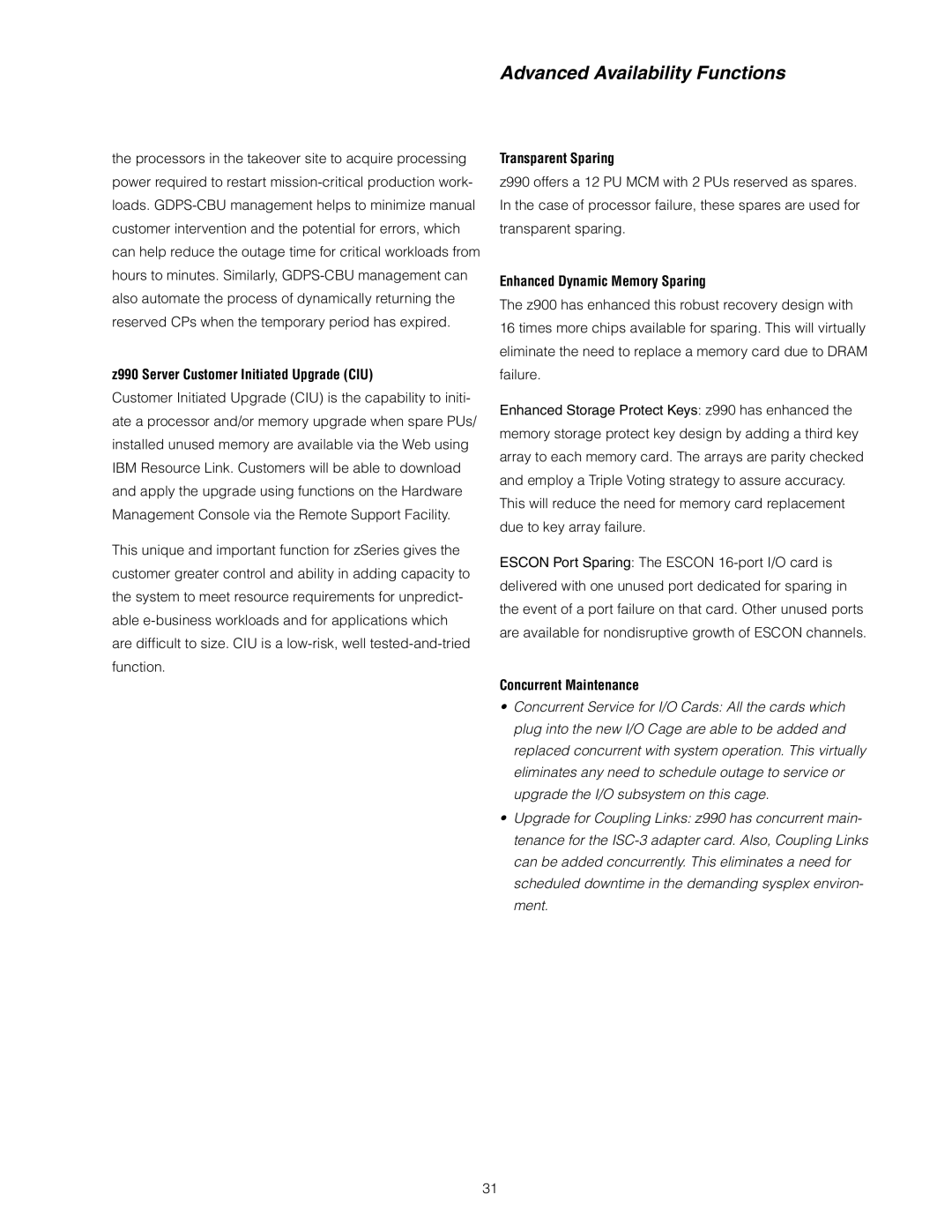 IBM z/OS manual Advanced Availability Functions, Z990 Server Customer Initiated Upgrade CIU, Transparent Sparing 