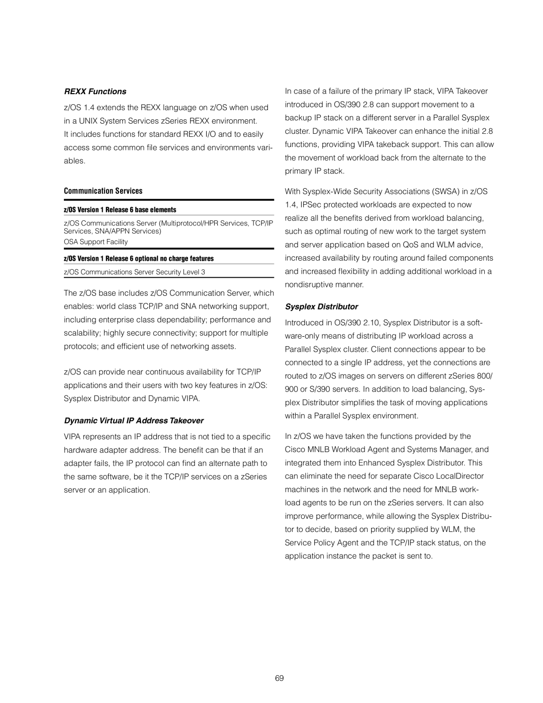 IBM z/OS manual Rexx Functions, Communication Services, Dynamic Virtual IP Address Takeover, Sysplex Distributor 