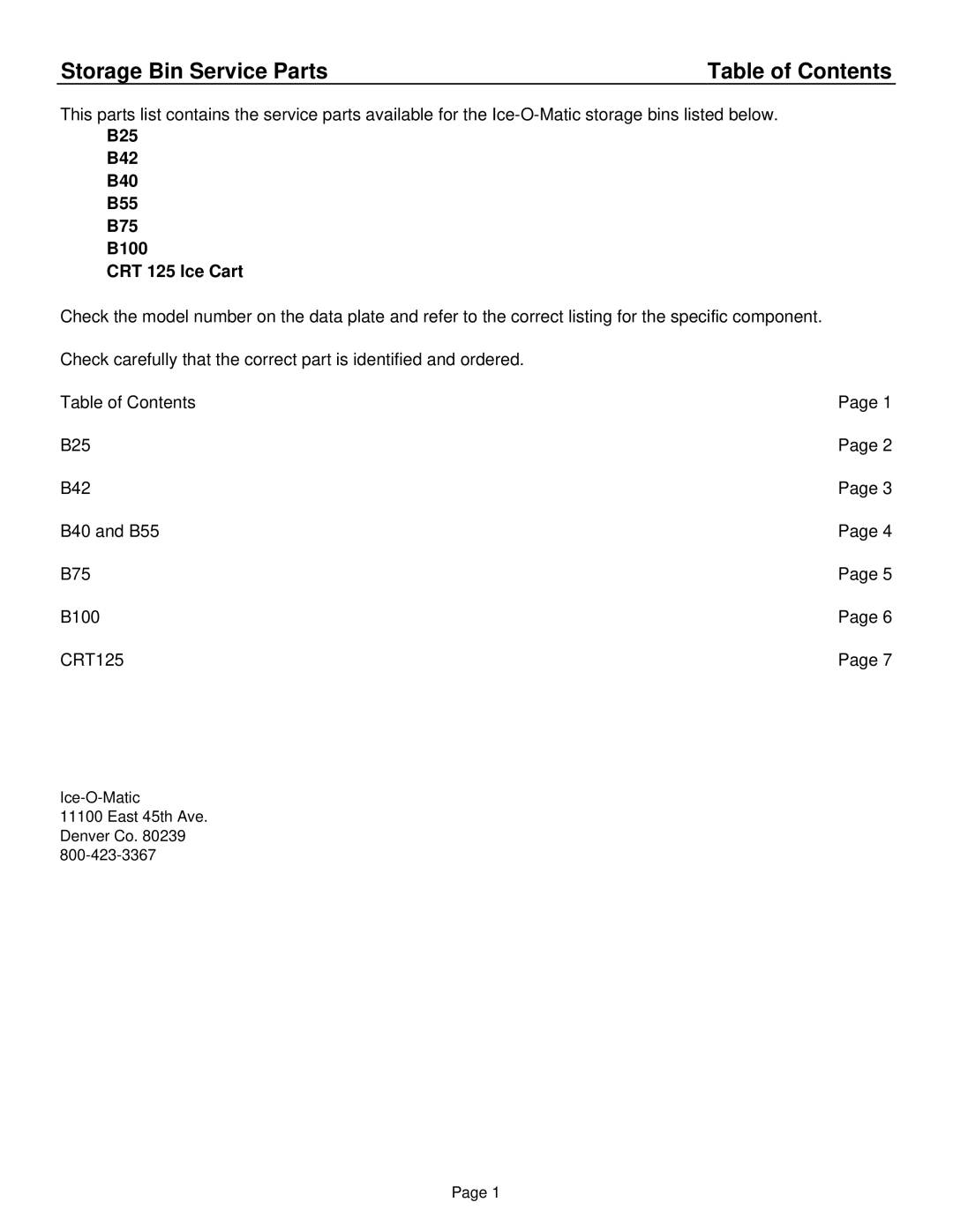 Ice-O-Matic CRT125, B75, B25, B55, B40, B100, B42 manual Storage Bin Service Parts, Table of Contents 