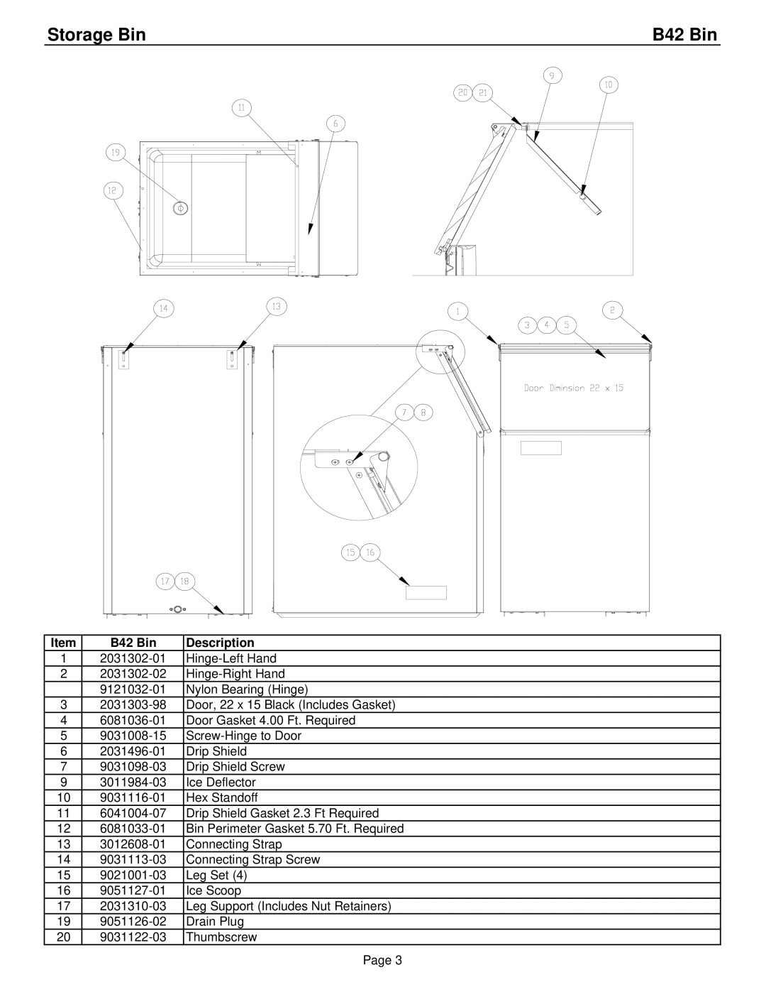 Ice-O-Matic B100, B75, B25, B55, CRT125, B40 manual Storage Bin, B42 Bin Description 