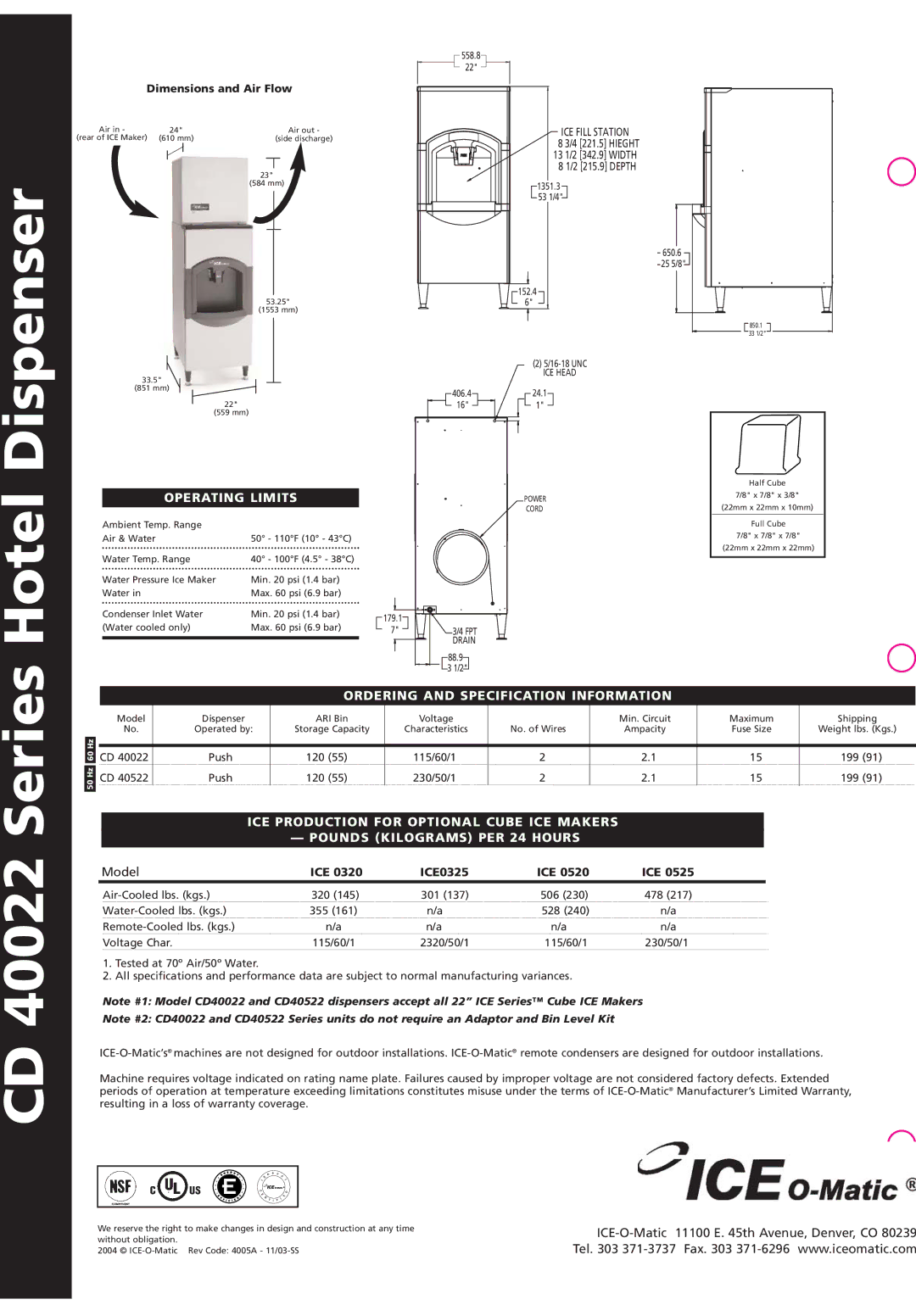 Ice-O-Matic manual Dispenser, Hotel, CD 40022 Series, Operating Limits, Ordering and Specification Information 