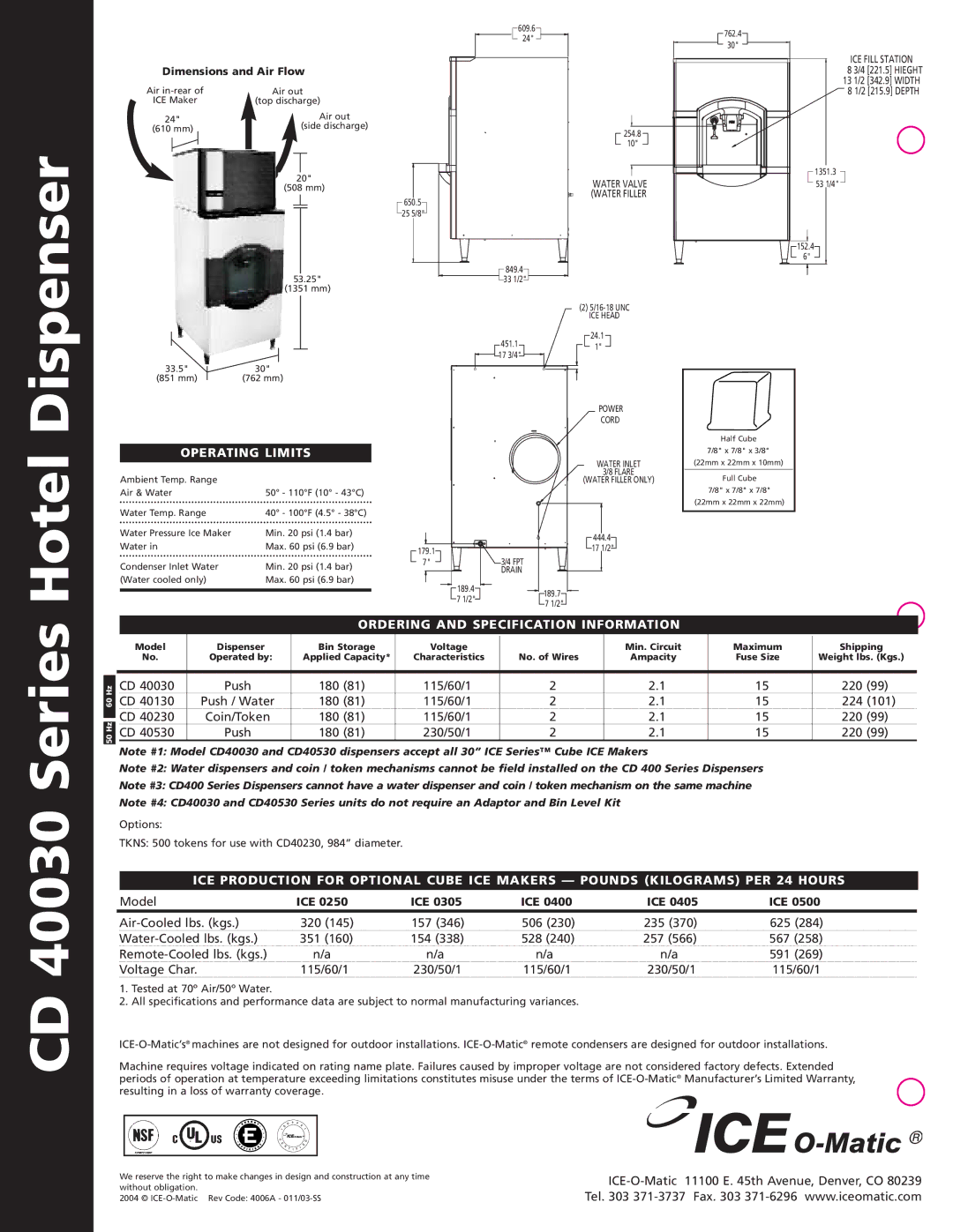 Ice-O-Matic CD 40030 Series manual Operating Limits, Ordering and Specification Information 