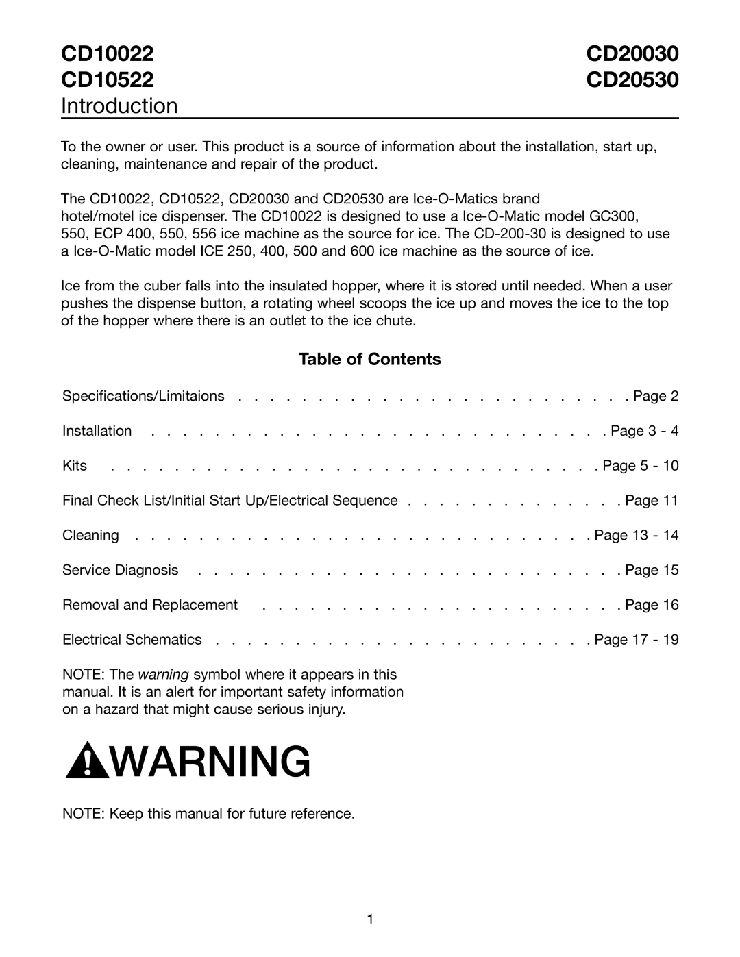 Ice-O-Matic CD20030 CD20530 installation manual CD10022 CD20030 CD10522 CD20530 Introduction, Table of Contents 