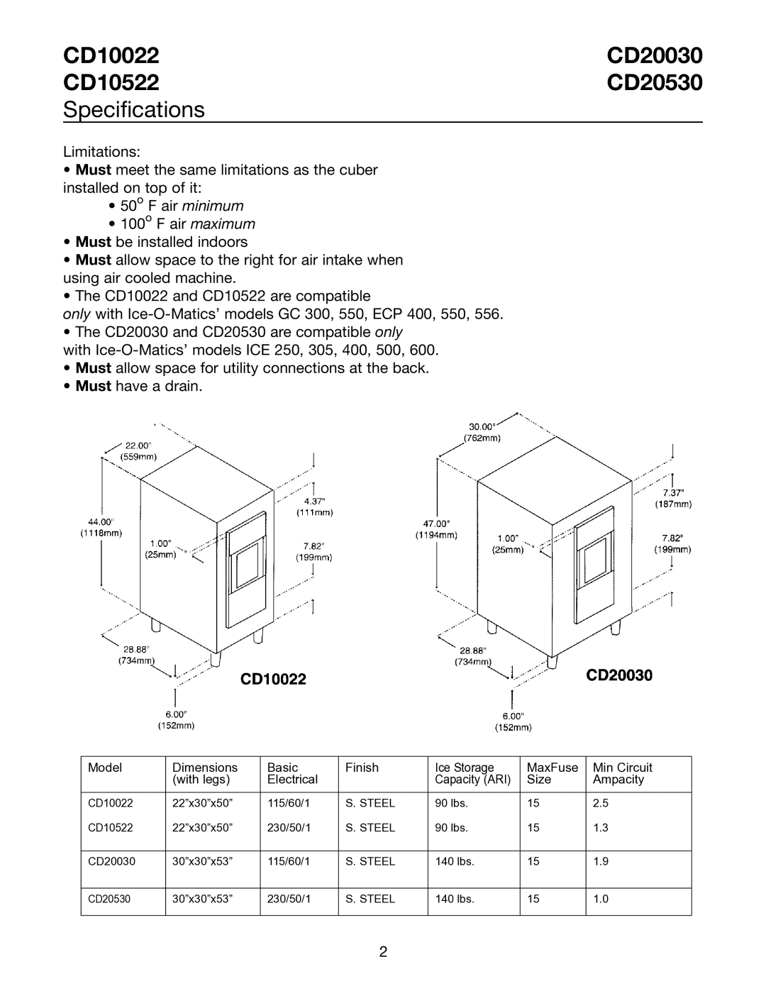 Ice-O-Matic CD20030 CD20530 installation manual CD10022 CD20030 CD10522 CD20530 Specifications 