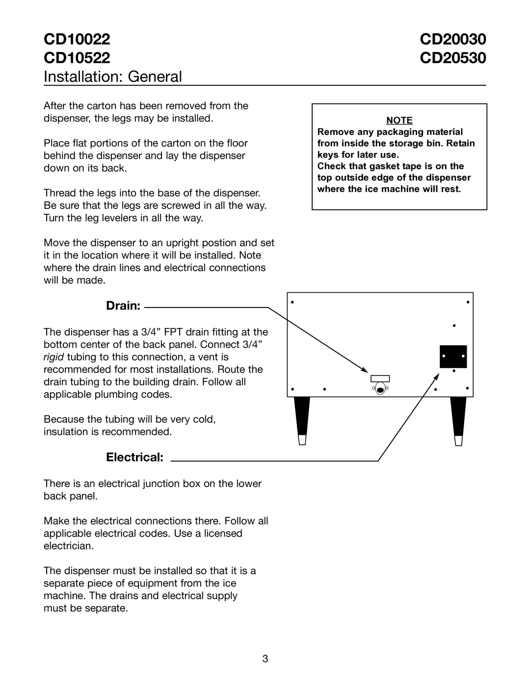 Ice-O-Matic CD20030 CD20530 installation manual CD10022 CD20030 CD10522 CD20530 Installation General, Drain, Electrical 