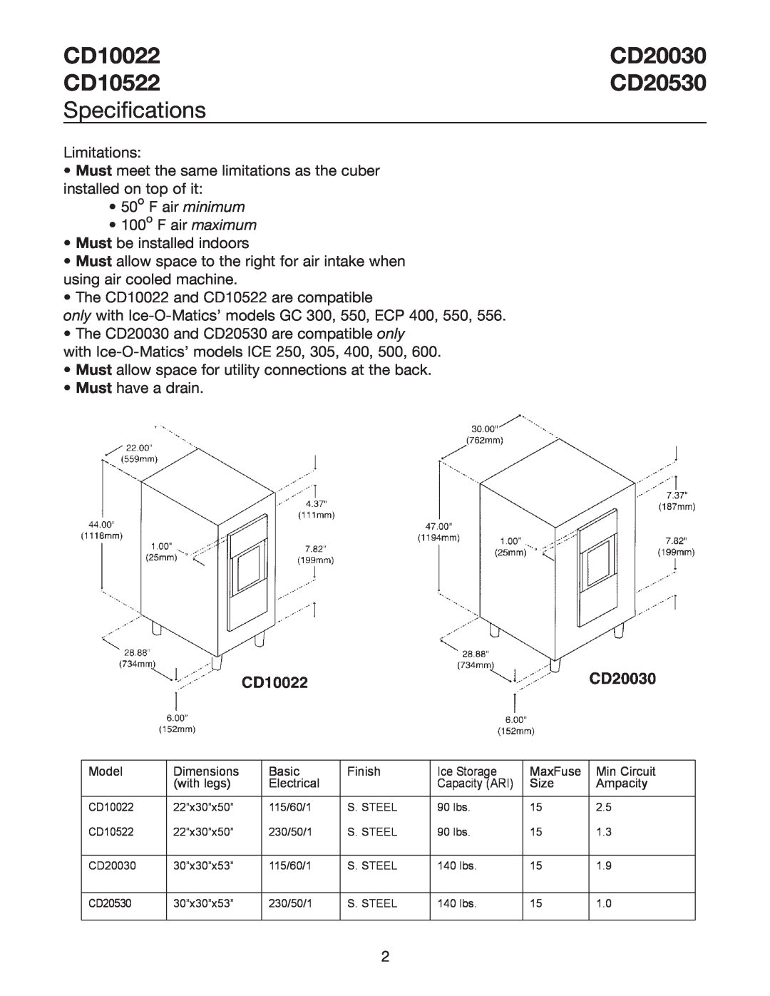 Ice-O-Matic CD20030 CD20530 installation manual CD10022, CD10522, Specifications 