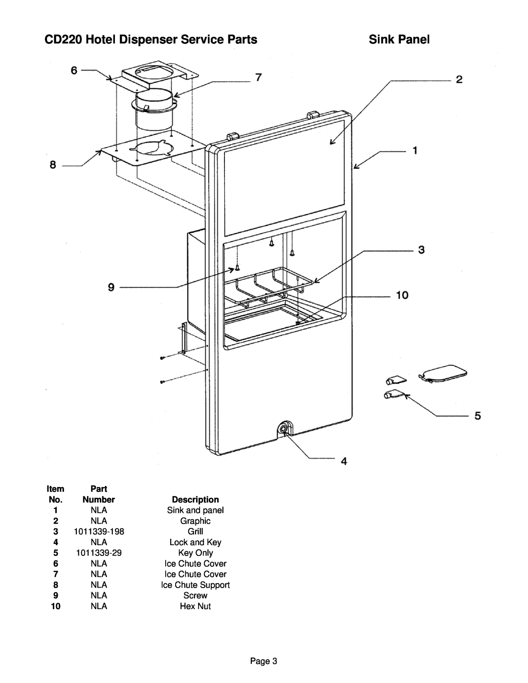 Ice-O-Matic manual Sink Panel, CD220 Hotel Dispenser Service Parts, Number, Description 