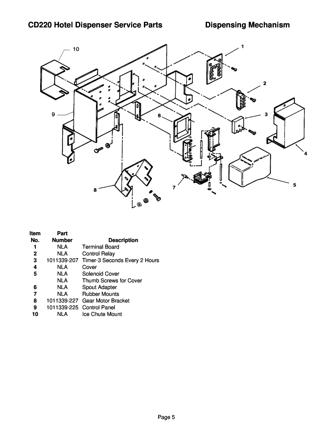 Ice-O-Matic manual Dispensing Mechanism, CD220 Hotel Dispenser Service Parts, Number, Description, Terminal Board 