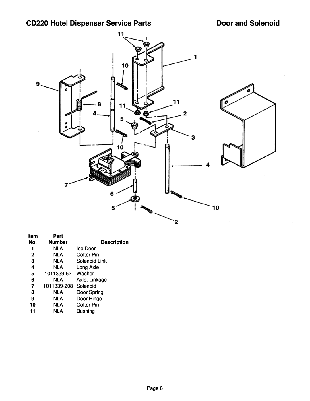Ice-O-Matic manual Door and Solenoid, CD220 Hotel Dispenser Service Parts, Number, Description, Ice Door, Cotter Pin 