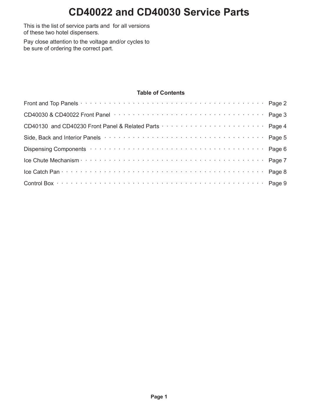 Ice-O-Matic CD40022 Series manual CD40022 and CD40030 Service Parts, Table of Contents 