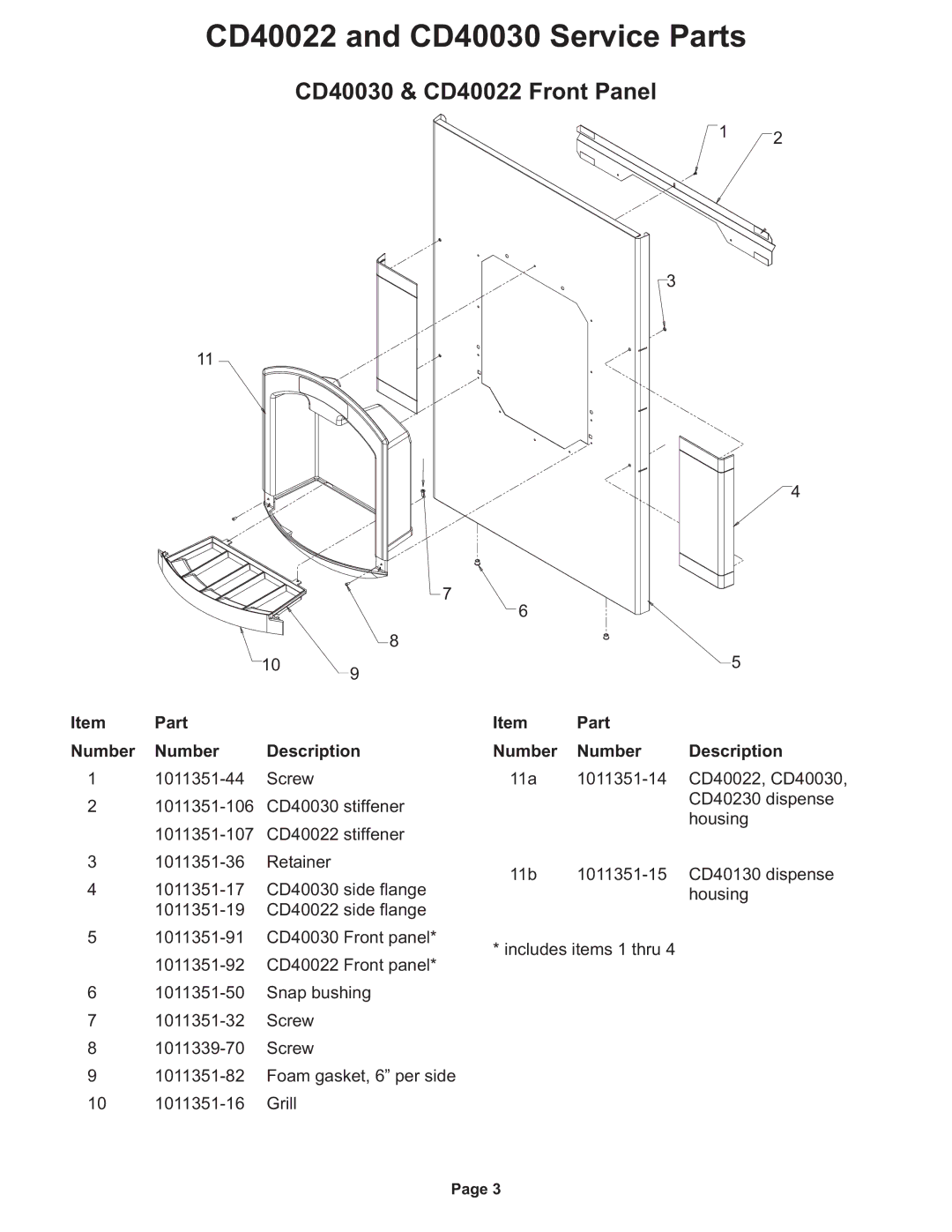 Ice-O-Matic CD40022 Series manual CD40030 & CD40022 Front Panel, Item Part Number Number 