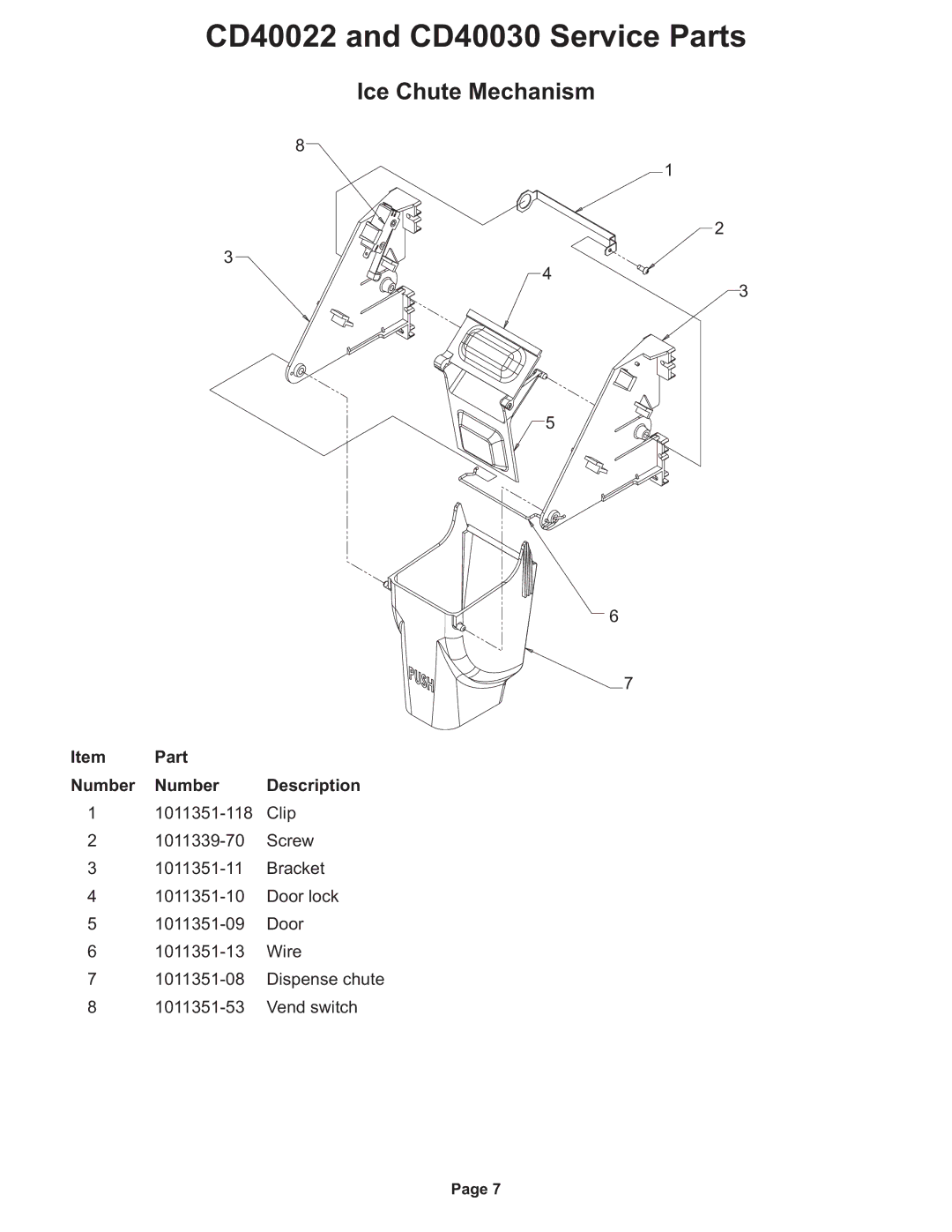 Ice-O-Matic CD40022 Series manual Ice Chute Mechanism, Item Part Number Number 