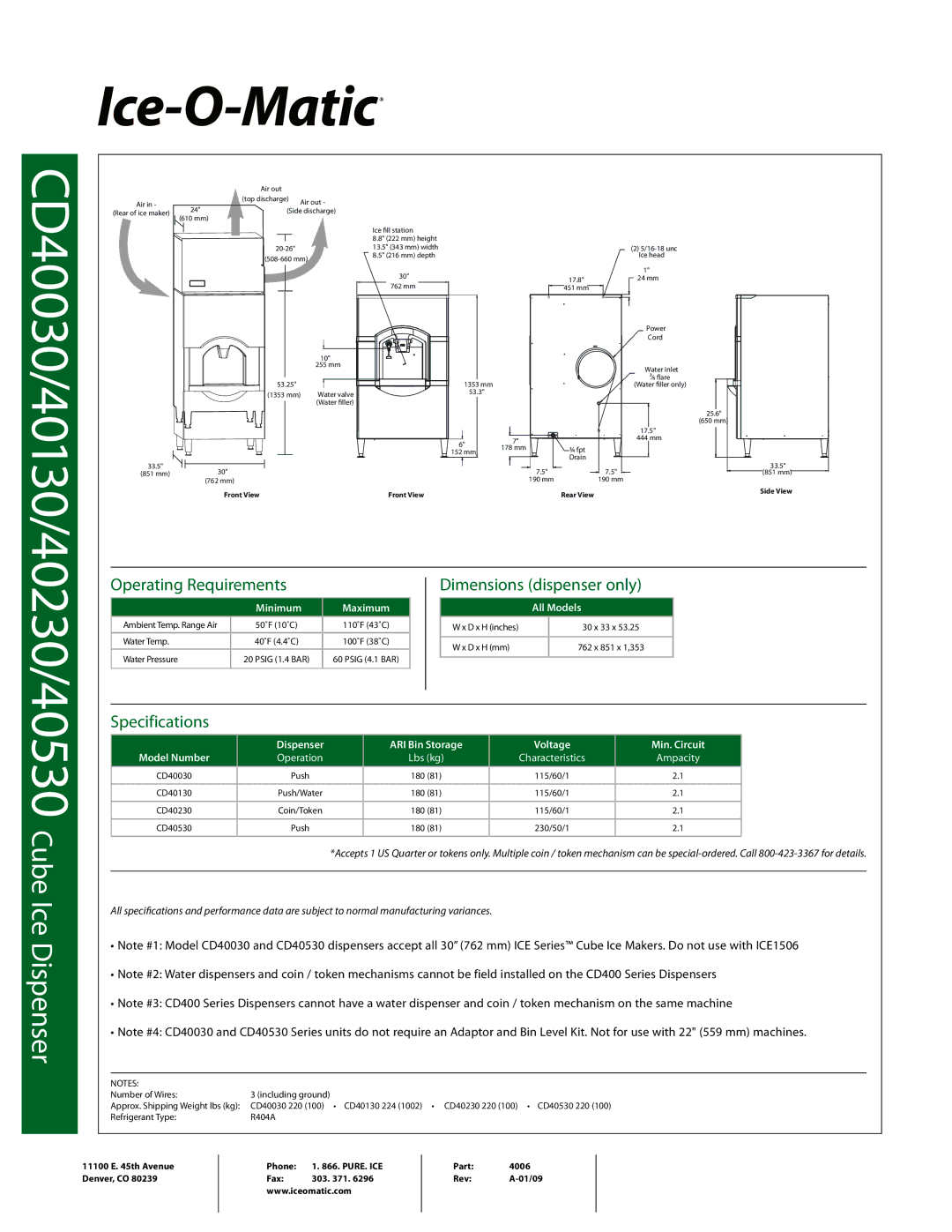 Ice-O-Matic CD40230, CD40130, CD40530 manual Operating Requirements, Specifications, Minimum, All Models, Model Number 