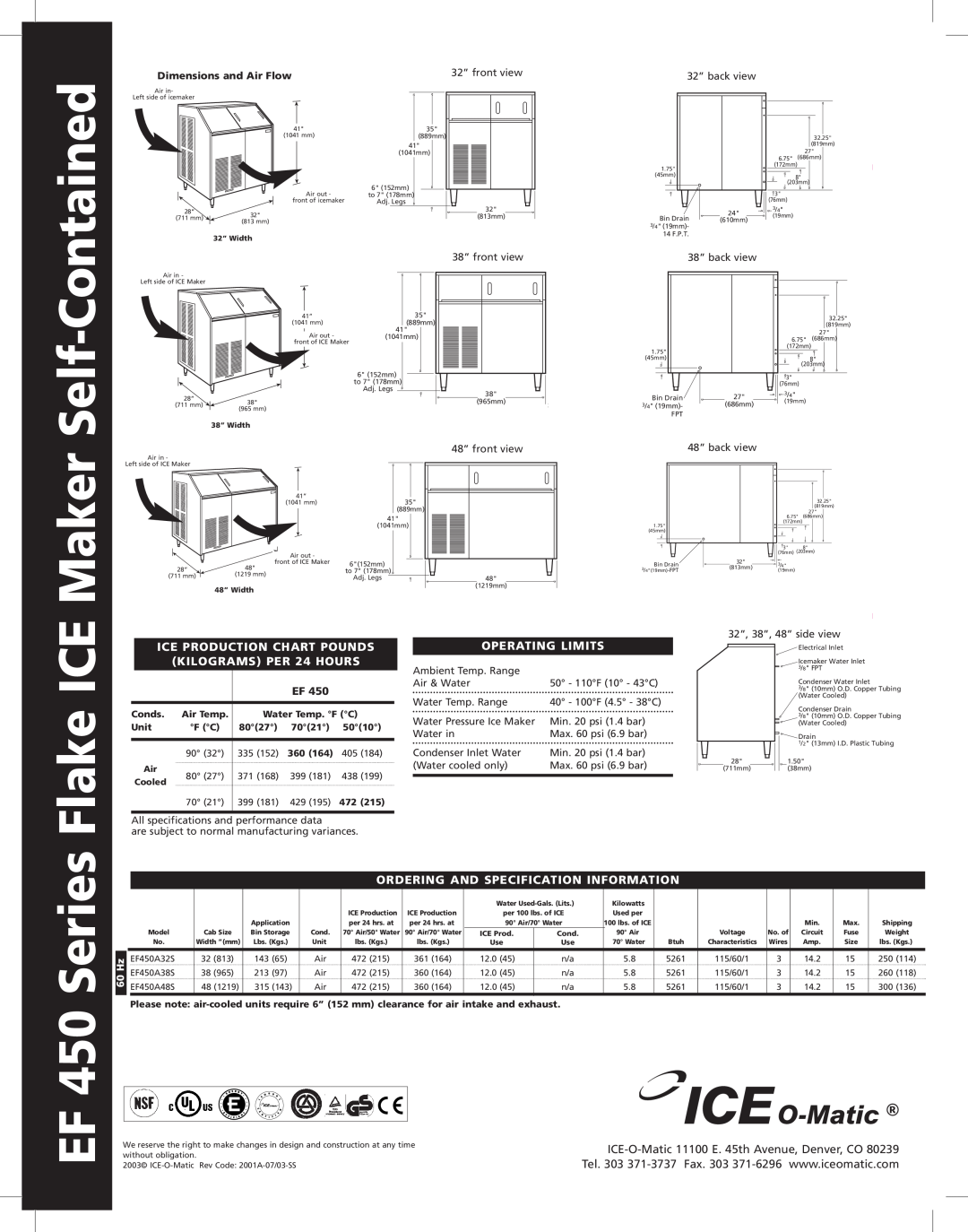 Ice-O-Matic manual Contained, Self, Maker, EF 450 Series Flake ICE, Ice Production Chart Pounds, KILOGRAMS PER 24 HOURS 