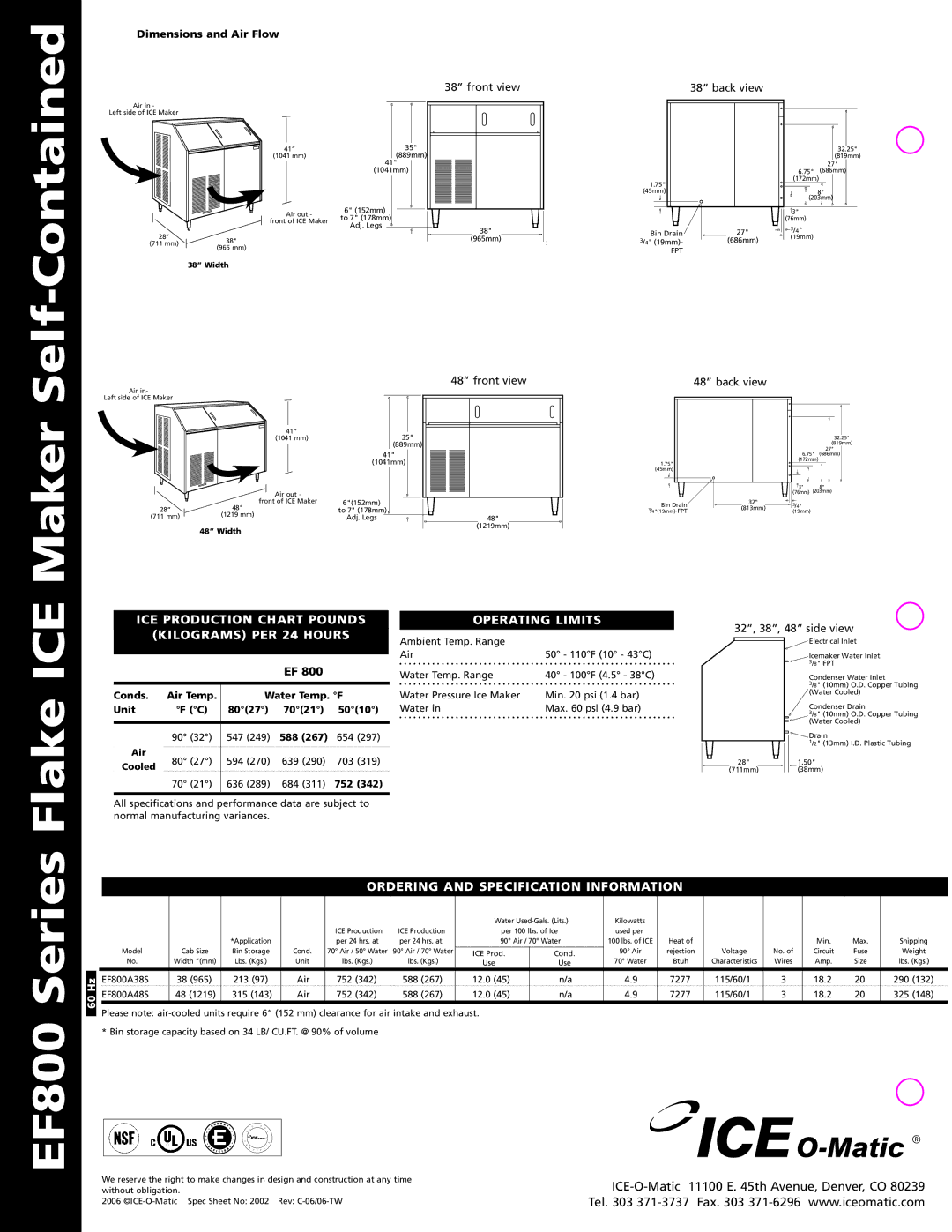 Ice-O-Matic EF 800 manual Series, EF800, Ice Production Chart Pounds Kilograms per 24 Hours, Operating Limits 