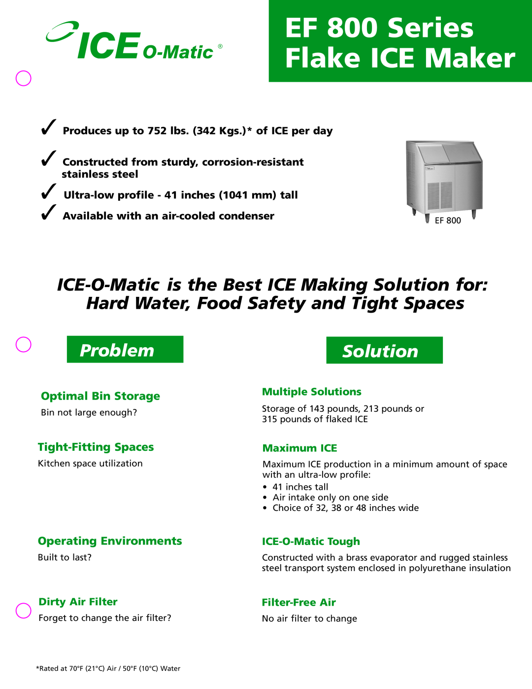 Ice-O-Matic manual EF 800 Series, Flake ICE Maker, Problem, Solution, Optimal Bin Storage, Tight-FittingSpaces 