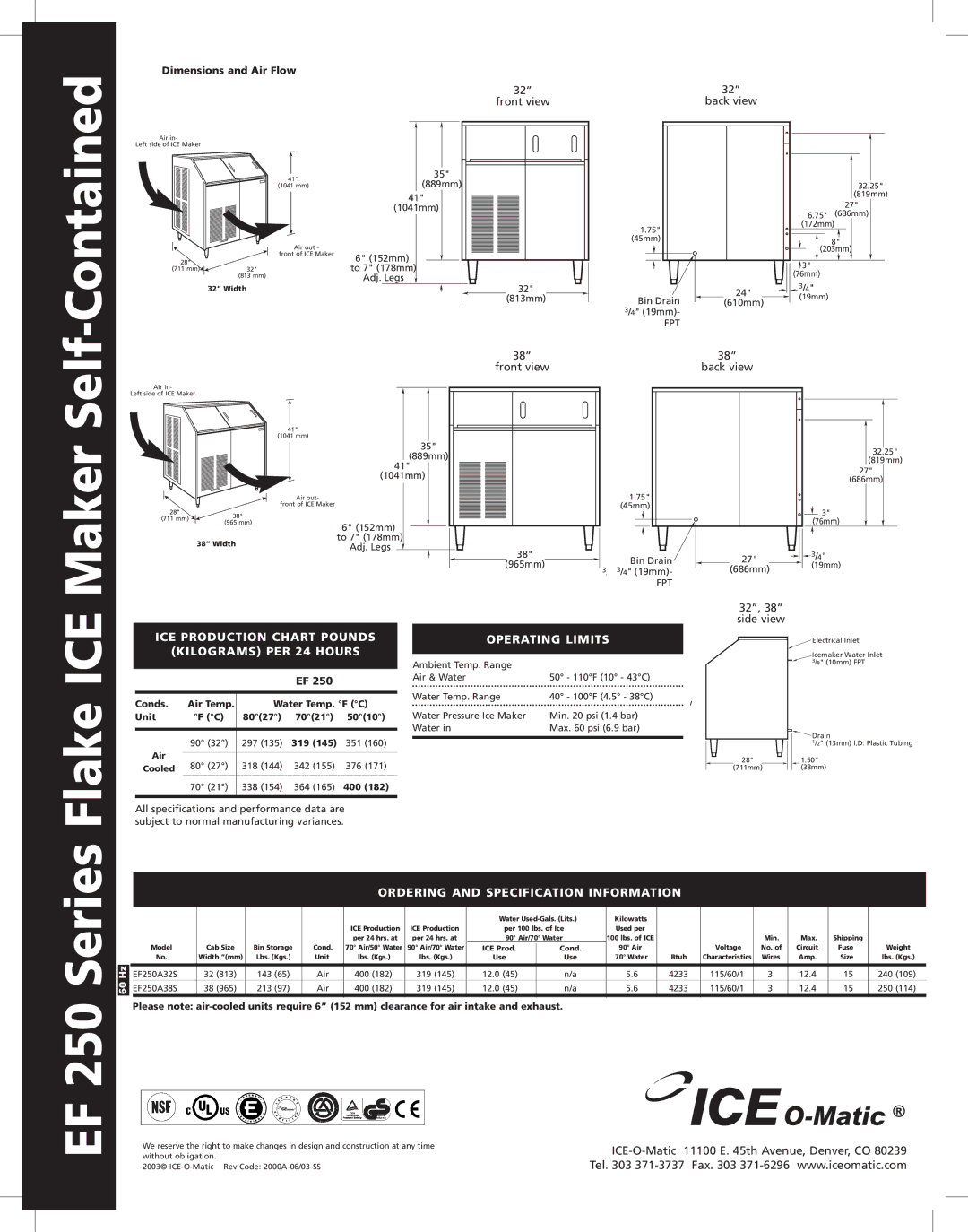 Ice-O-Matic EF250 manual Contained, Maker, ICE Production Chart Pounds Kilograms PER 24 Hours, Operating Limits 