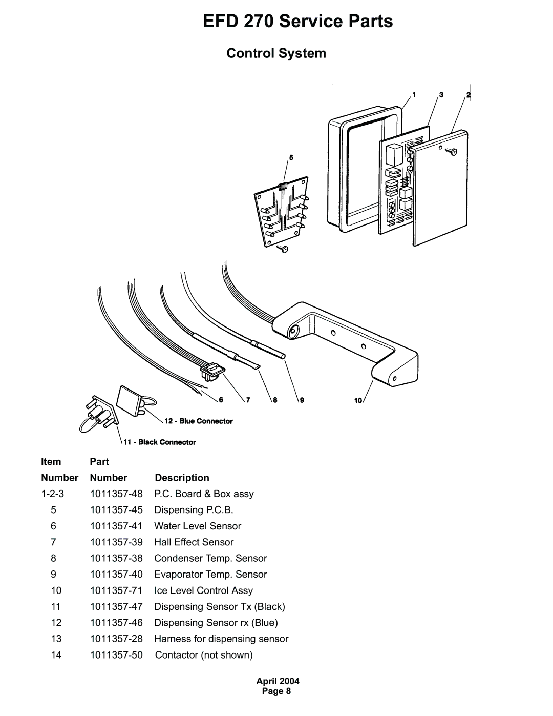 Ice-O-Matic EFD270 manual Control System, Part Number Description 1011357-48 P.C. Board & Box assy 