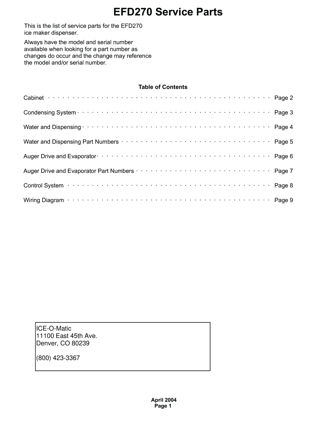 Ice-O-Matic manual EFD270 Service Parts 