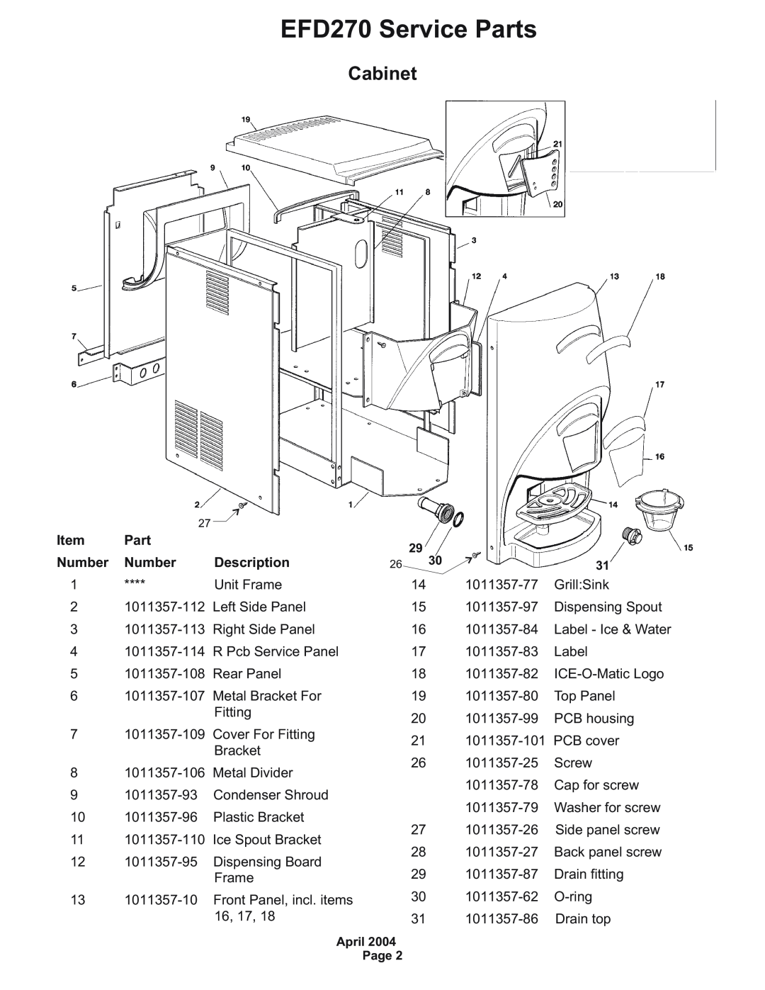 Ice-O-Matic manual Cabinet, Number, Description, EFD270 Service Parts 