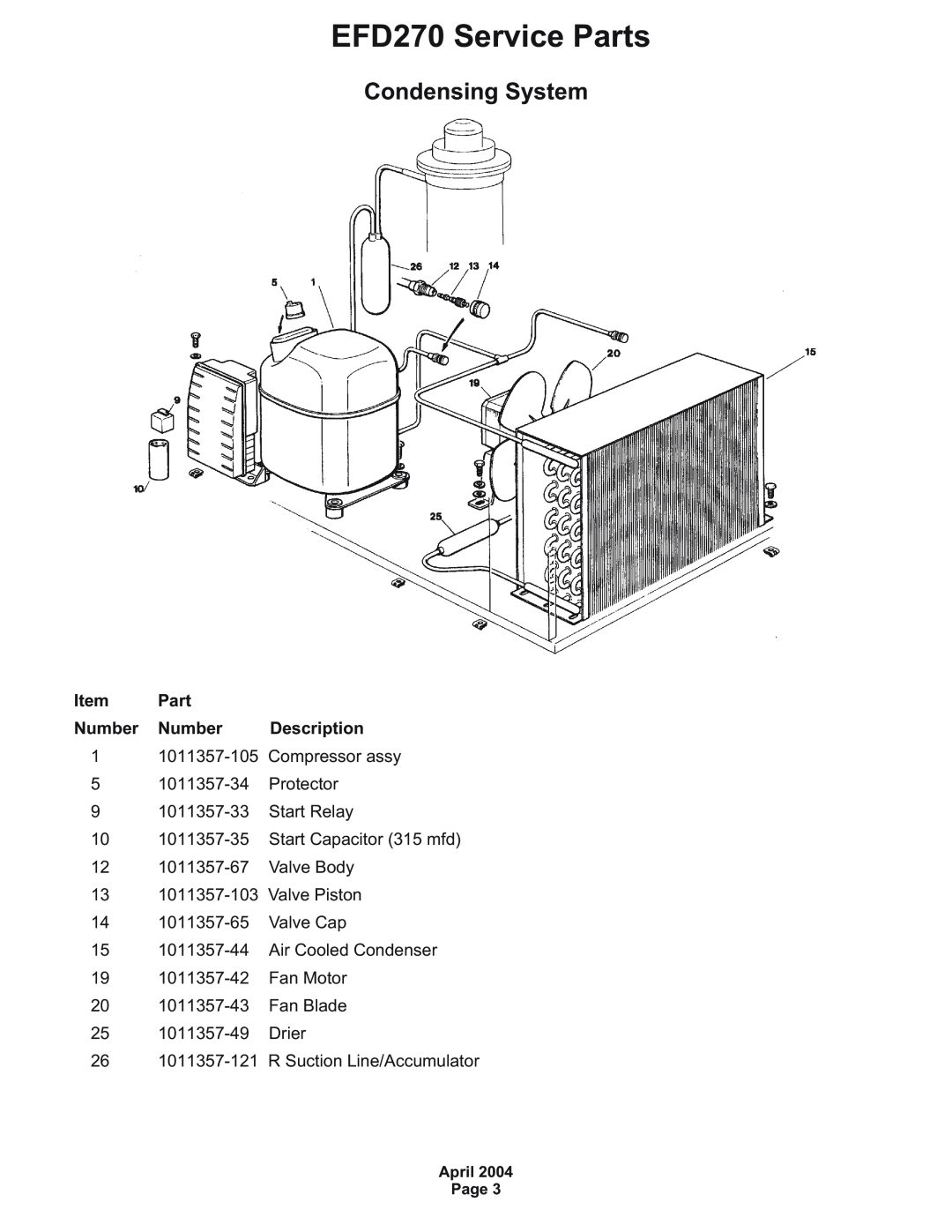 Ice-O-Matic manual Condensing System, Item Part, Number Number, EFD270 Service Parts 