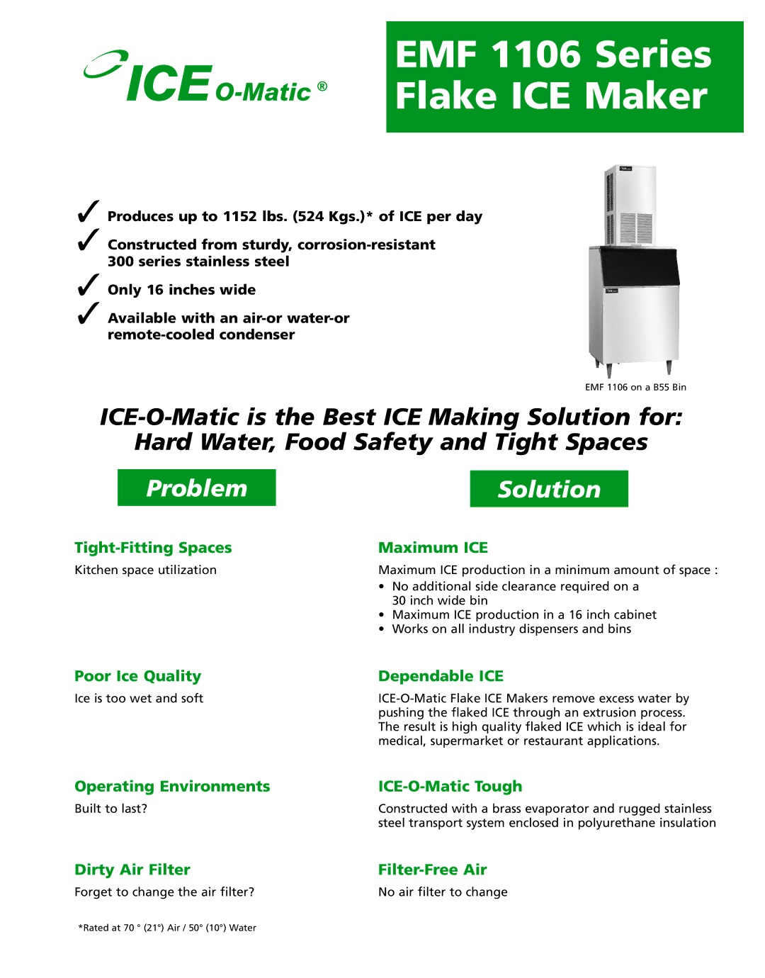 Ice-O-Matic EMF 1106 Series manual Tight-Fitting Spaces Maximum ICE, Poor Ice Quality Dependable ICE 