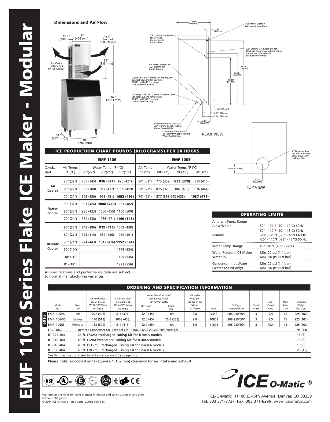 Ice-O-Matic EMF 1106 Series manual Maker Modular, Series Flake ICE, Emf 