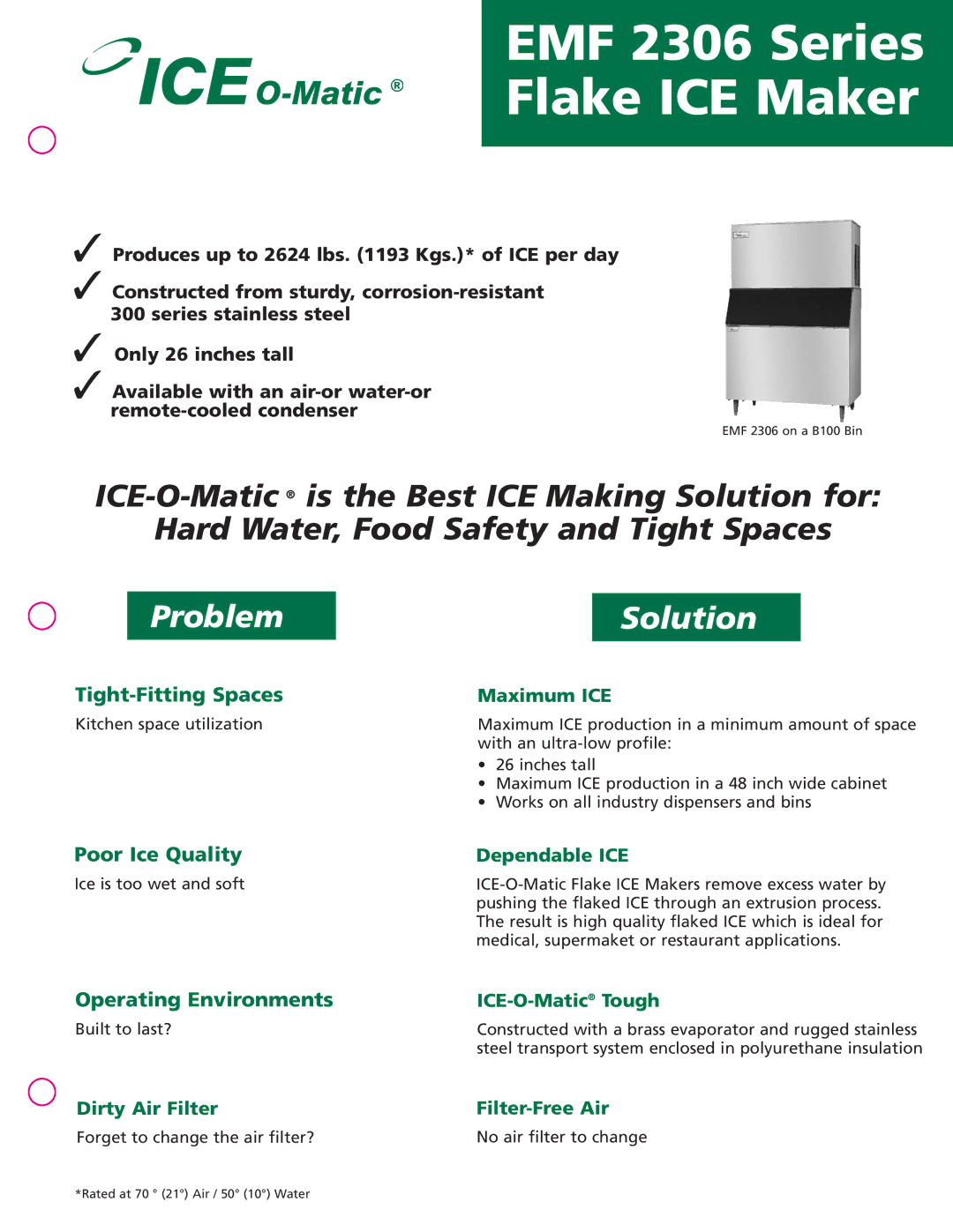 Ice-O-Matic EMF 2306 manual Tight-Fitting Spaces, Poor Ice Quality, Operating Environments 