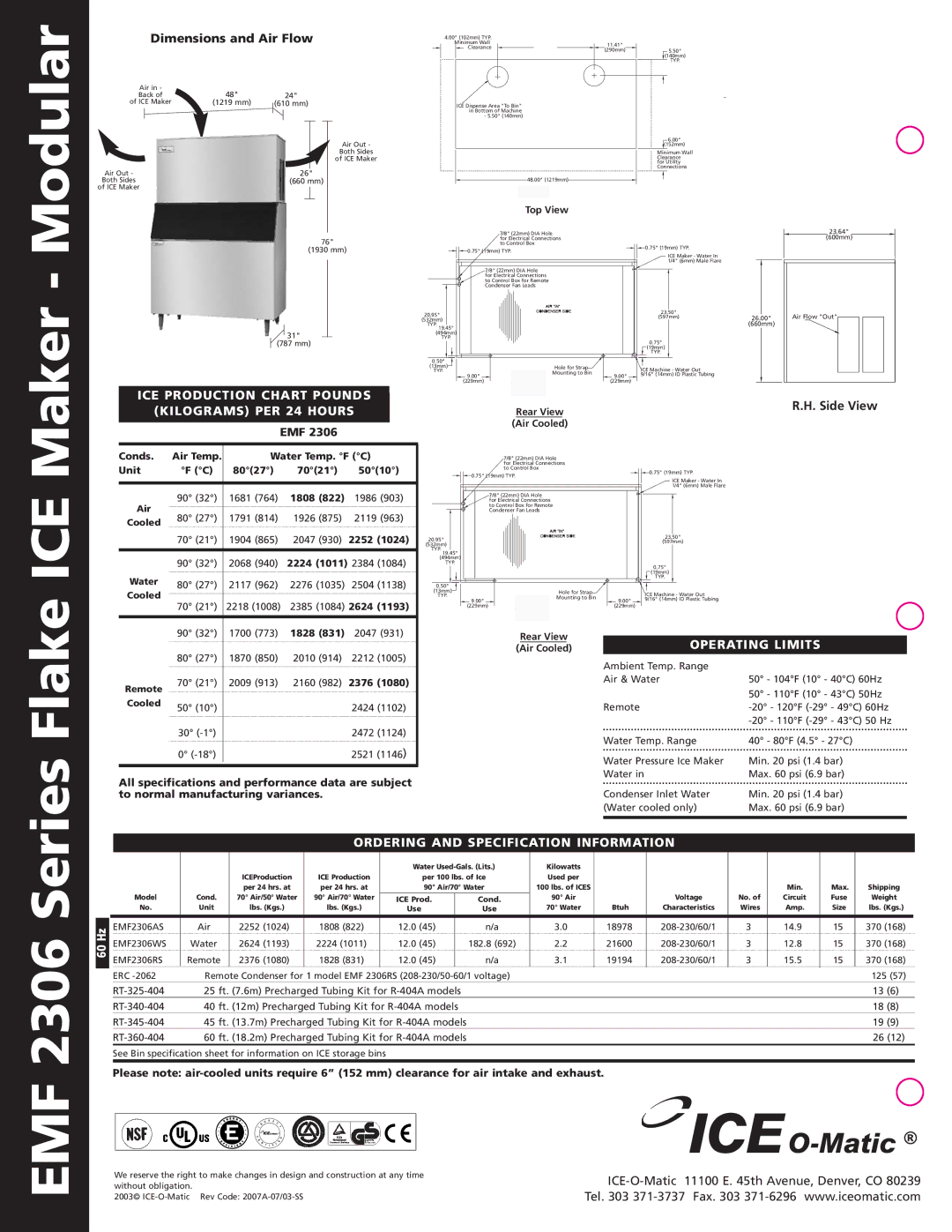 Ice-O-Matic EMF 2306 manual ICE Production Chart Pounds, Kilograms PER 24 Hours, Operating Limits 