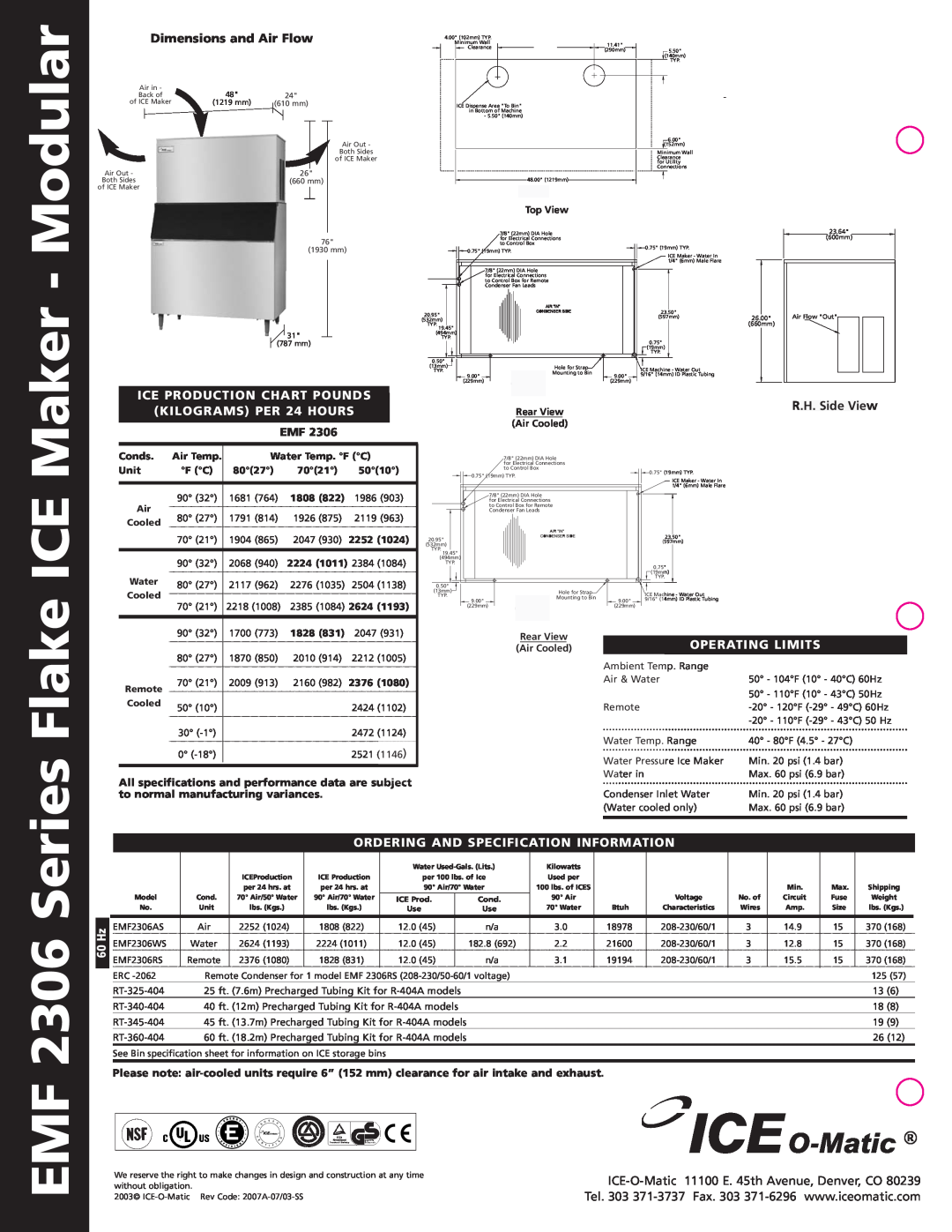 Ice-O-Matic Modular, EMF 2306 Series Flake ICE Maker, Dimensions and Air Flow, Ice Production Chart Pounds, Information 