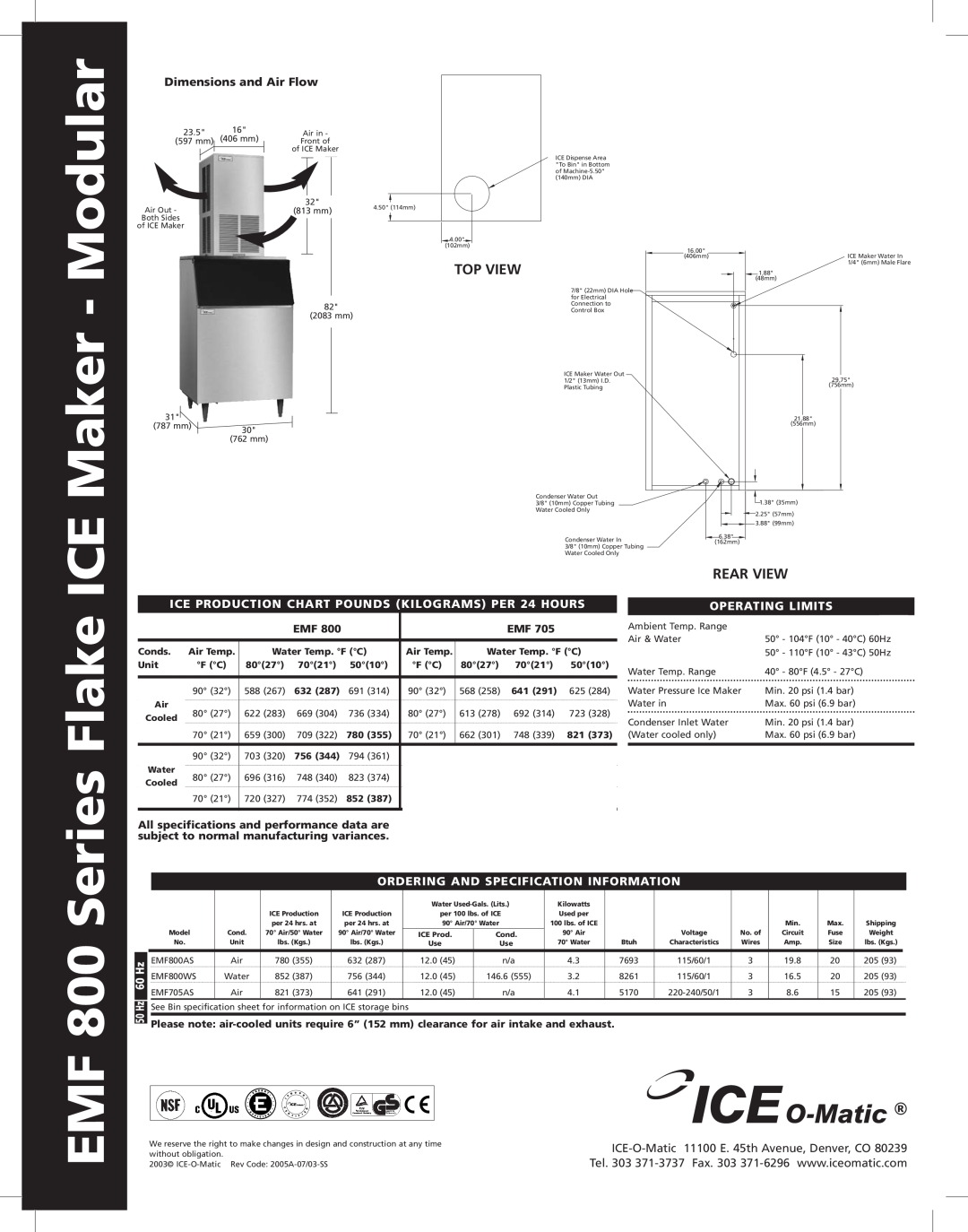 Ice-O-Matic manual Flake ICE Maker - Modular, EMF 800 Series, Top View, Dimensions and Air Flow, Rear View, Information 