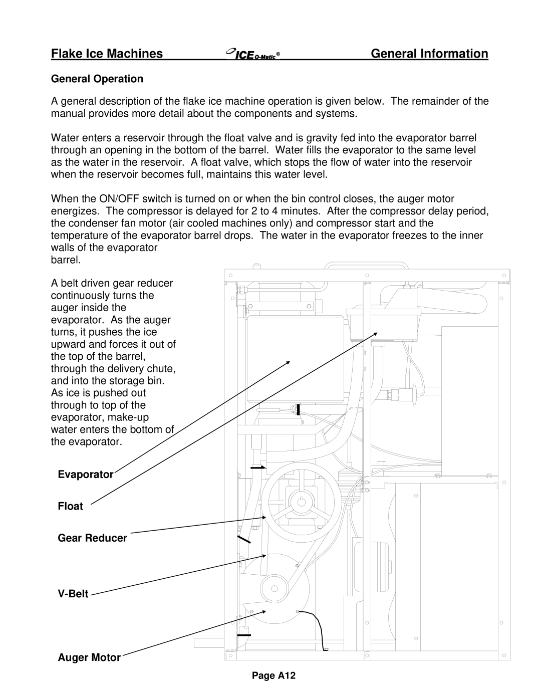 Ice-O-Matic EMF Series, EF Series installation manual General Operation, Evaporator Float Gear Reducer Belt Auger Motor 