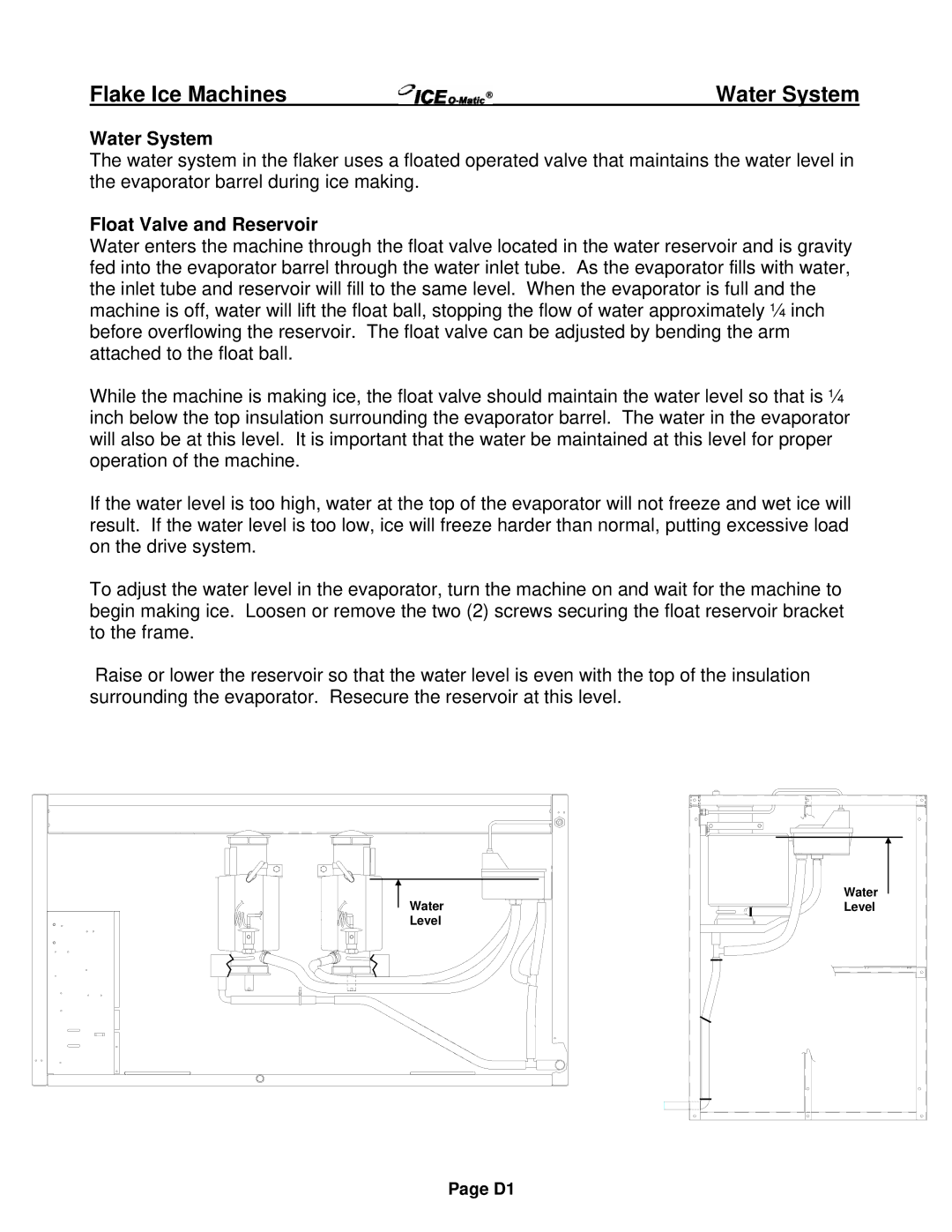 Ice-O-Matic EMF Series, EF Series installation manual Water System, Float Valve and Reservoir 