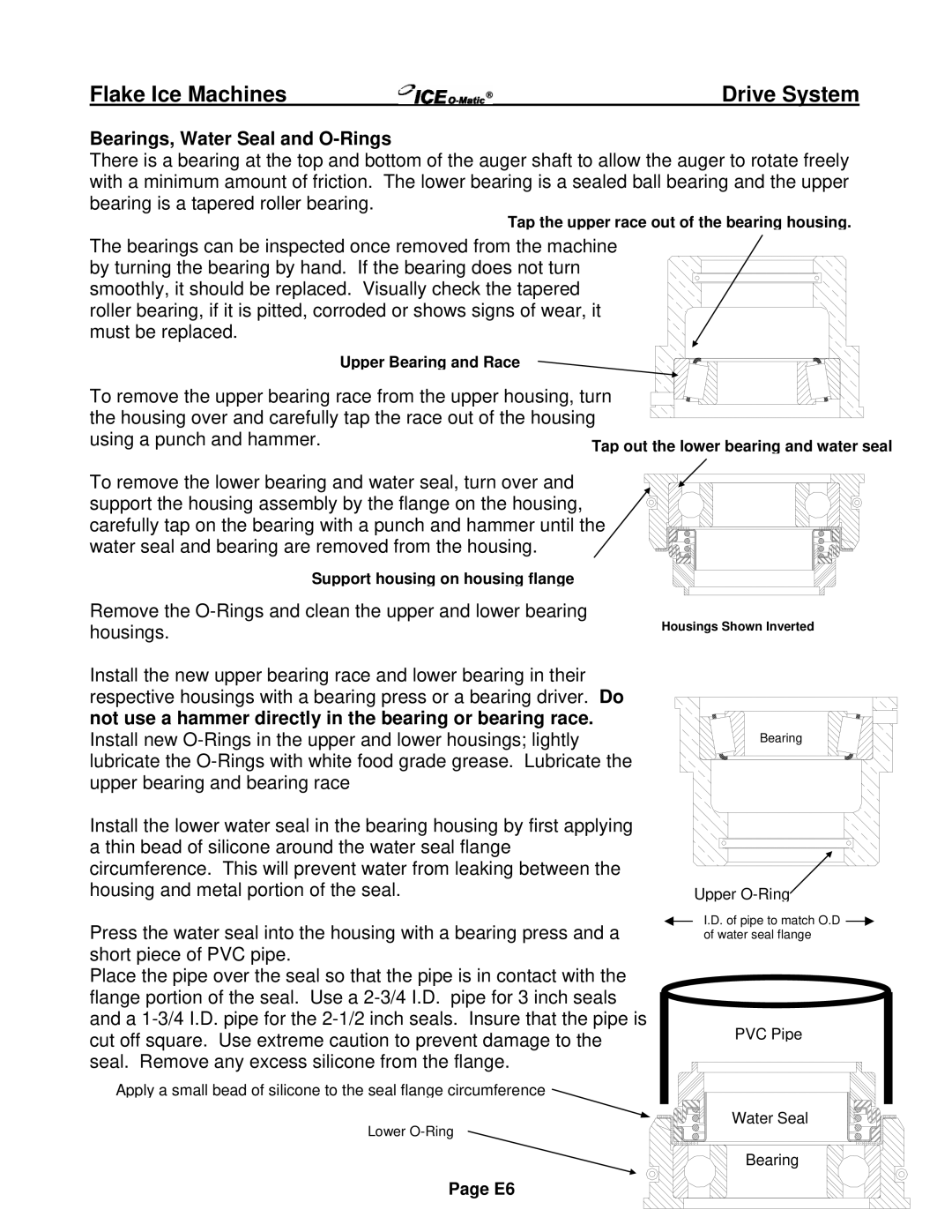 Ice-O-Matic EF Series, EMF Series installation manual Bearings, Water Seal and O-Rings 