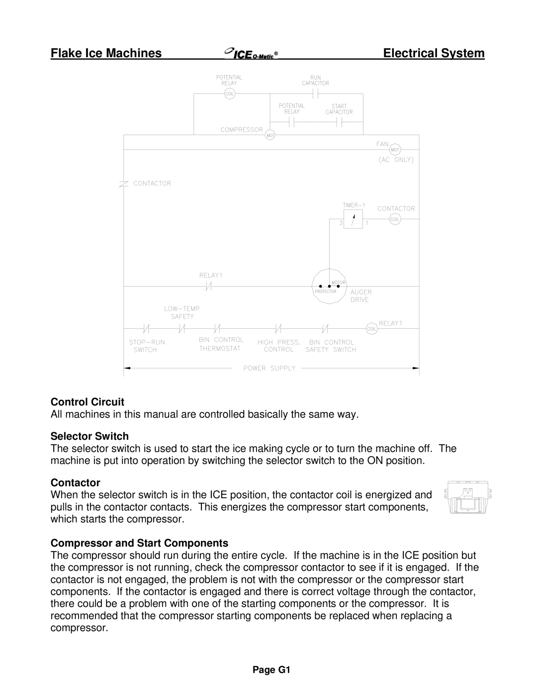 Ice-O-Matic EMF Series Electrical System, Control Circuit, Selector Switch, Contactor, Compressor and Start Components 