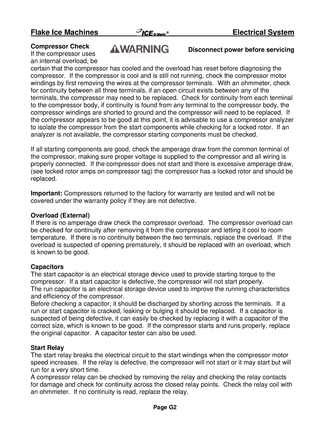 Ice-O-Matic EF Series, EMF Series installation manual Overload External, Capacitors, Start Relay 