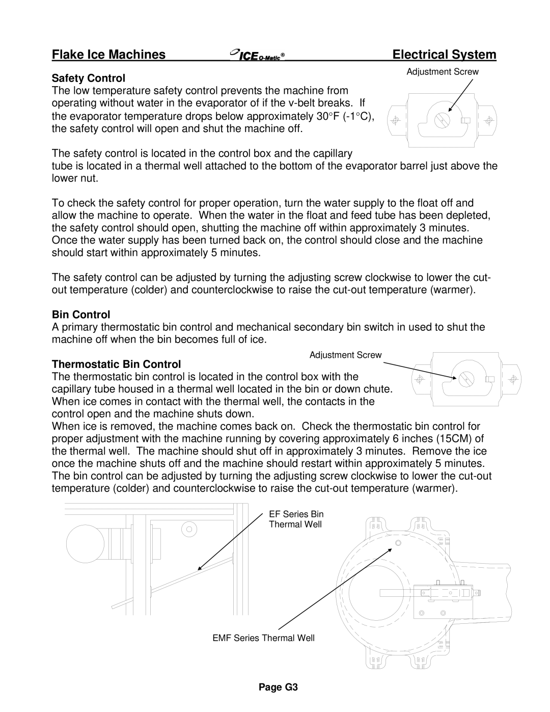 Ice-O-Matic EMF Series, EF Series installation manual Safety Control, Thermostatic Bin Control 