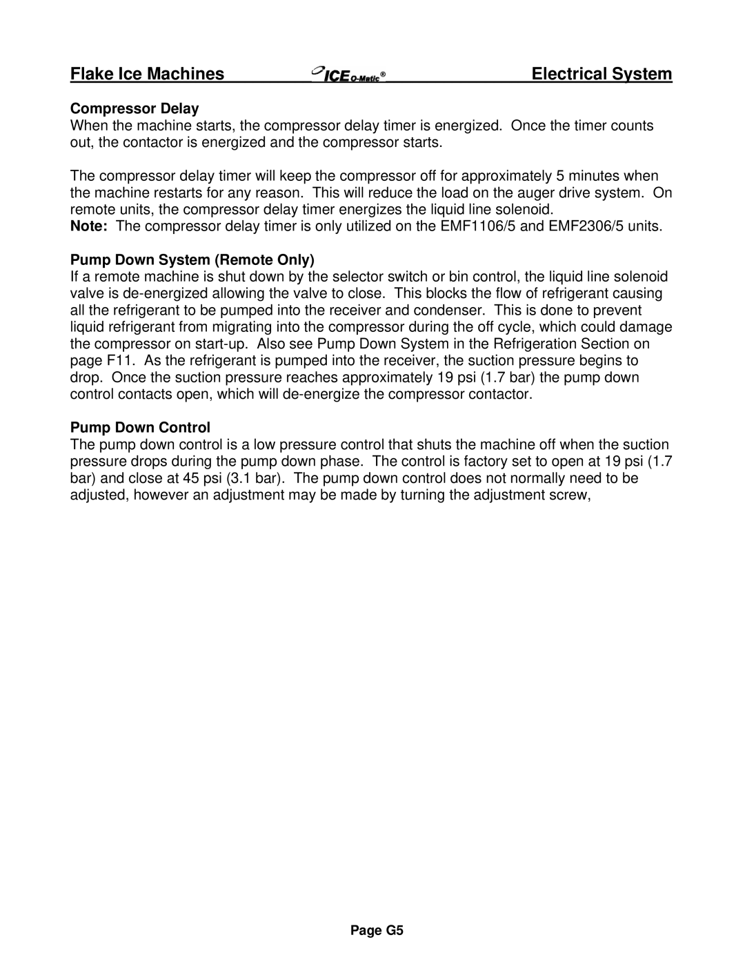 Ice-O-Matic EMF Series, EF Series installation manual Compressor Delay, Pump Down Control 