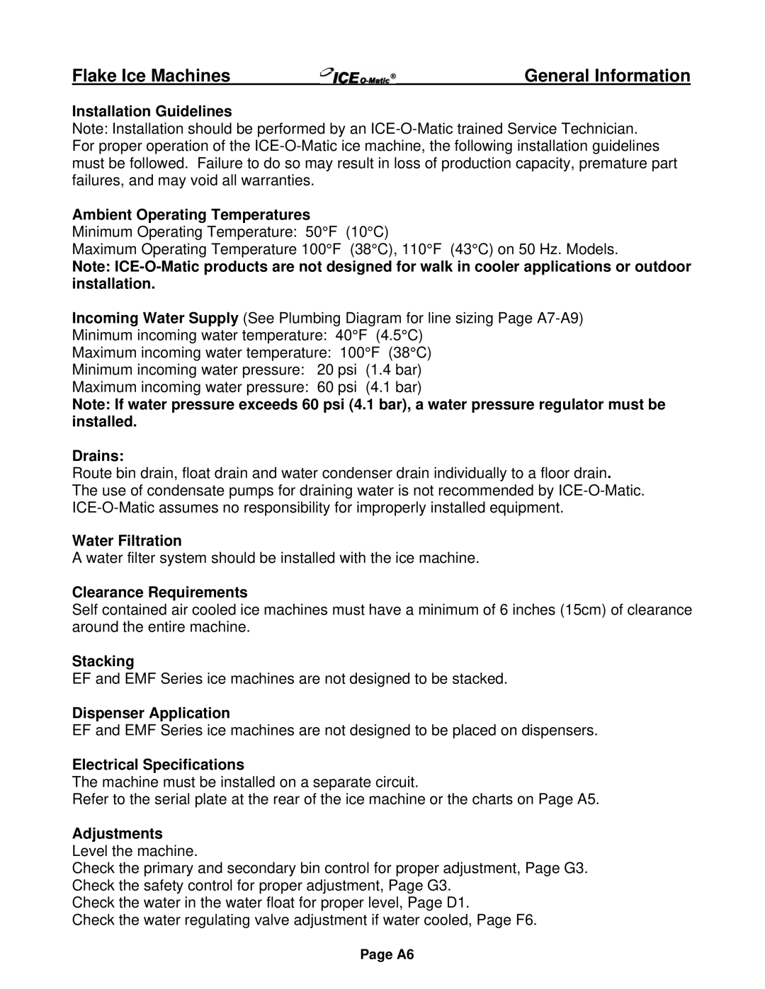 Ice-O-Matic EMF Series Installation Guidelines Ambient Operating Temperatures, Drains, Water Filtration, Stacking 