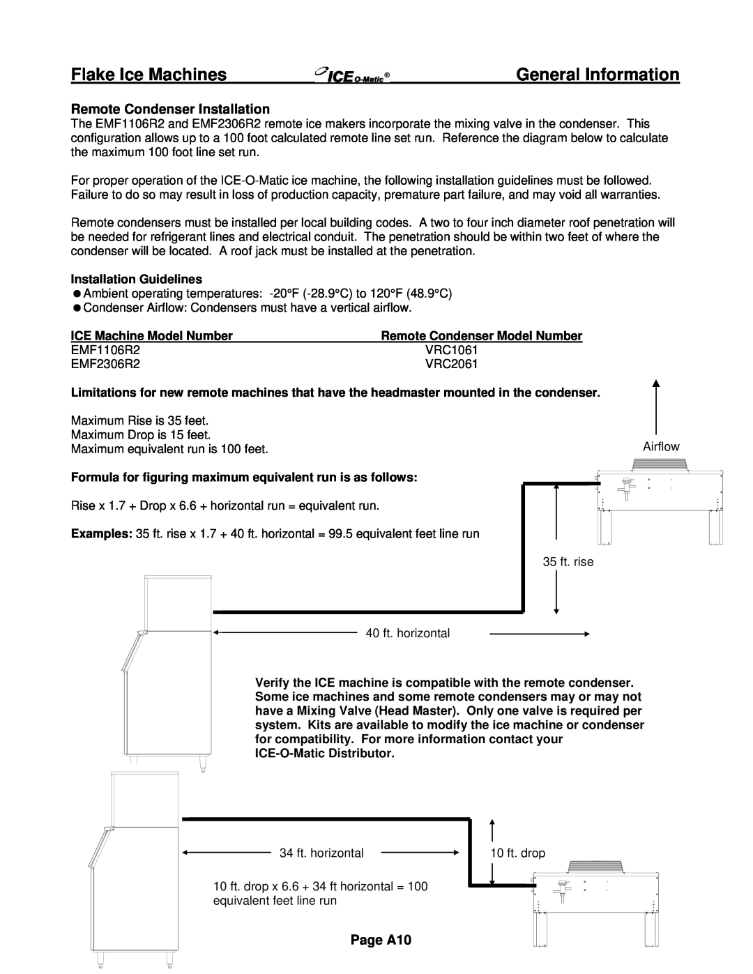 Ice-O-Matic EMF Series, EF Series General Information, Remote Condenser Installation, Page A10, Installation Guidelines 