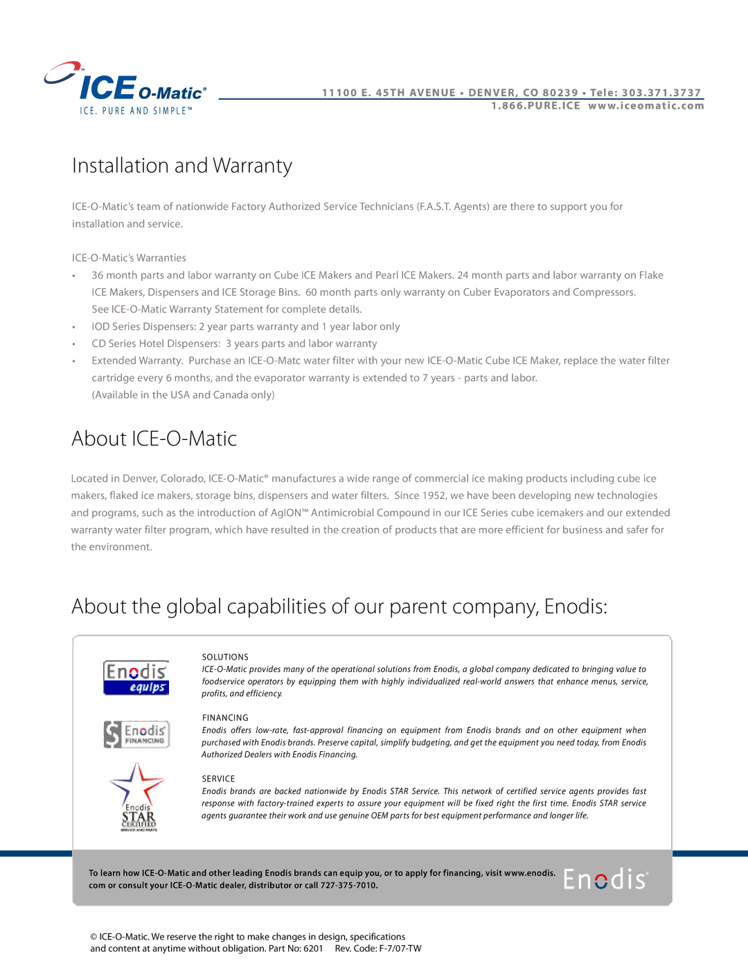 Ice-O-Matic Enodis manual Installation and Warranty 