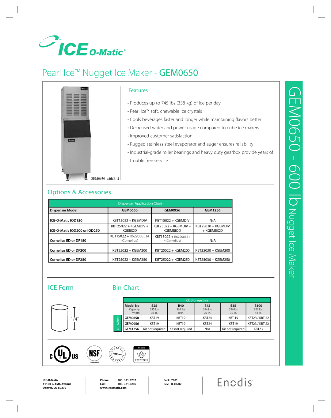 Ice-O-Matic GEM 0650 manual GEM0650 600 lb Nugget Ice Maker, Options & Accessories, ICE Form Bin Chart, Features 