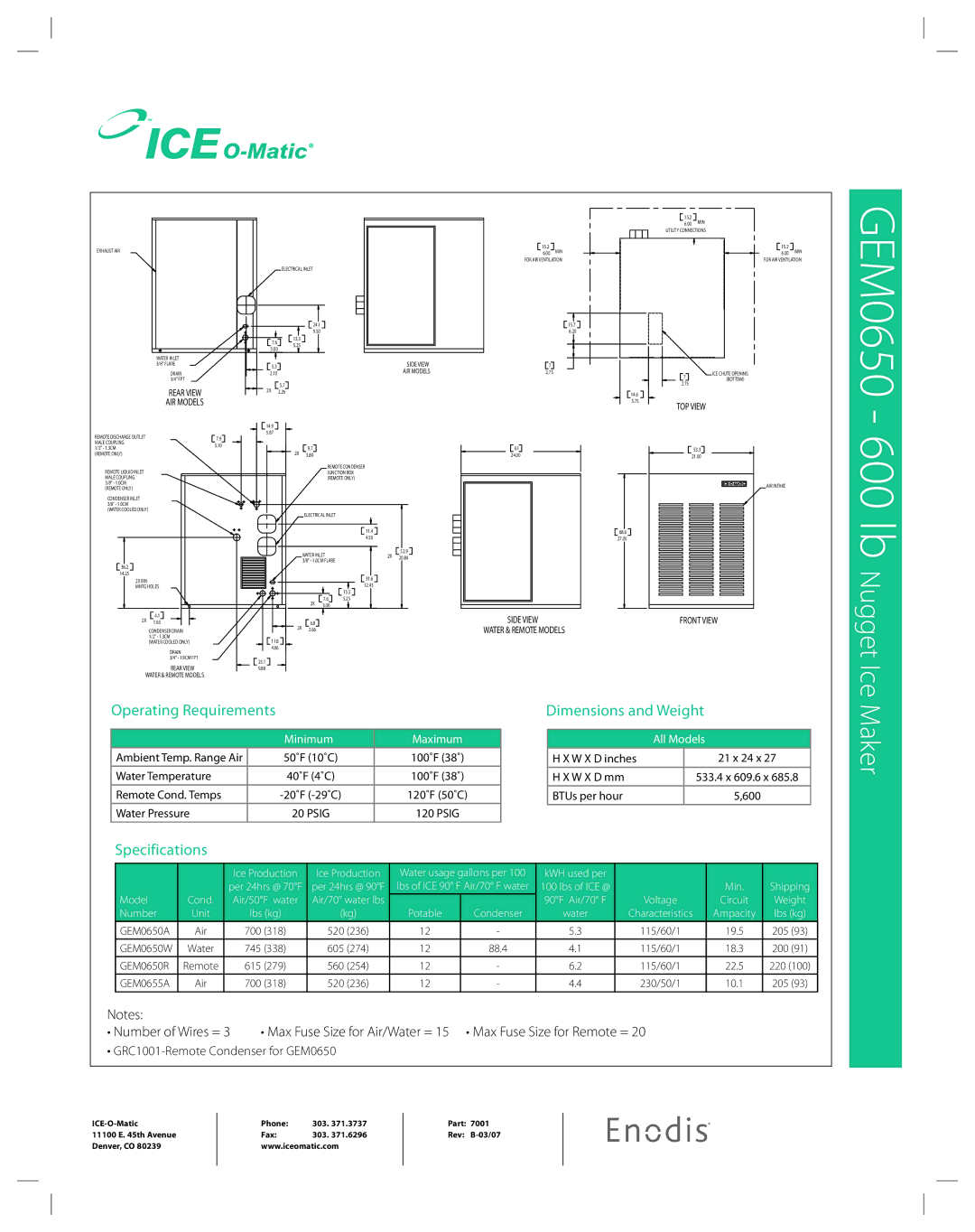 Ice-O-Matic GEM 0650 manual 600 lb, Operating Requirements, Dimensions and Weight, Specifications 